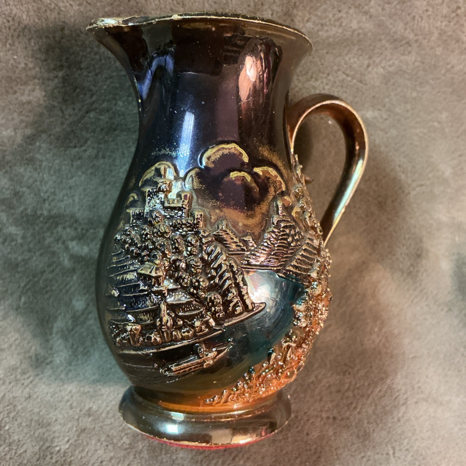 19th century Victorian sm Potter lusterware oriental theme souvenir pitcher Vase