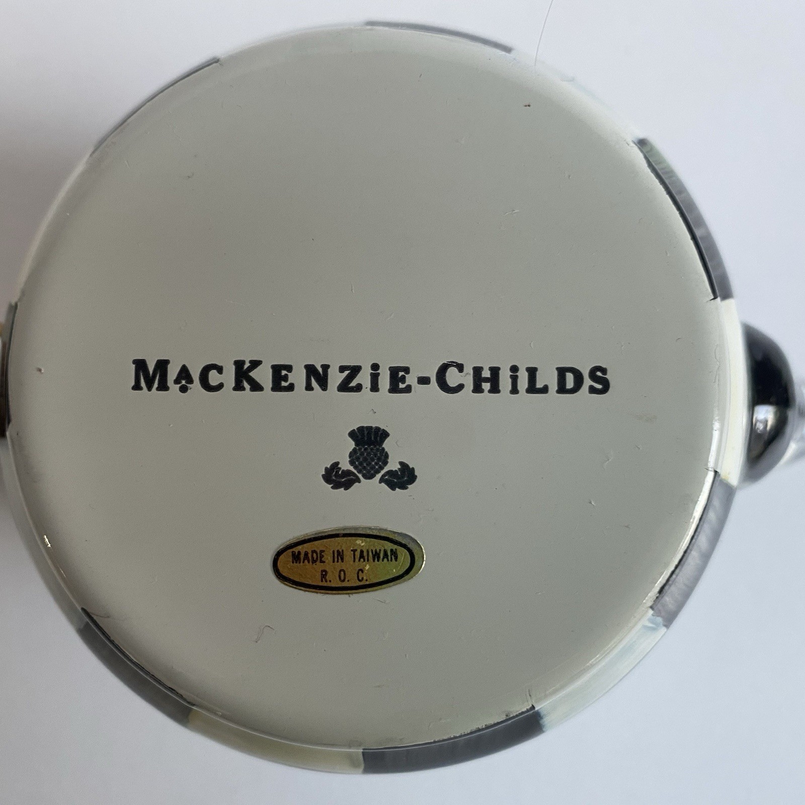 MacKenzie-Childs Vintage Courtly Check Enamel Creamer with Wooden Handle