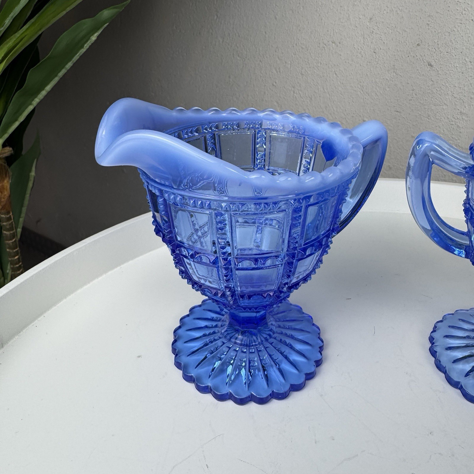 Vintage Deco Imperial Glass Beaded Block Blue Opalescent Cream & Sugar Set c1930