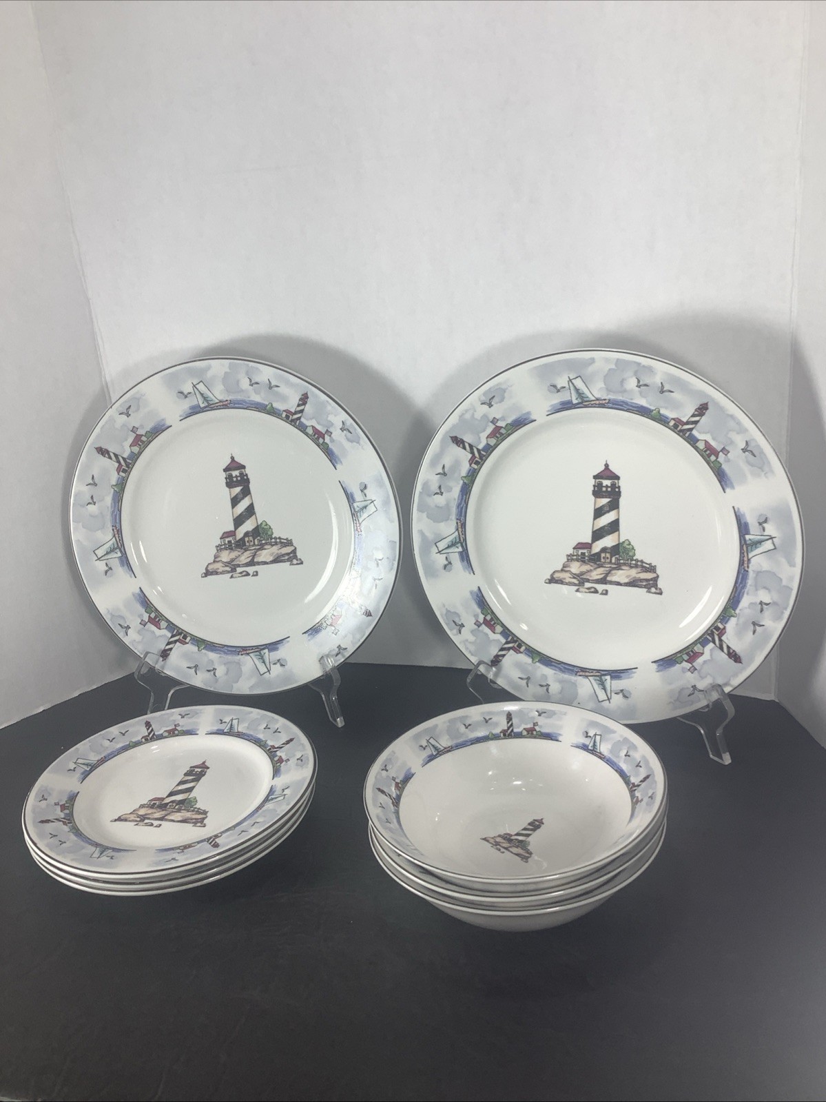 Mixed Set Of 8~Today’s Home Lighthouse Coastal Beach Nautical Plates & Bowls