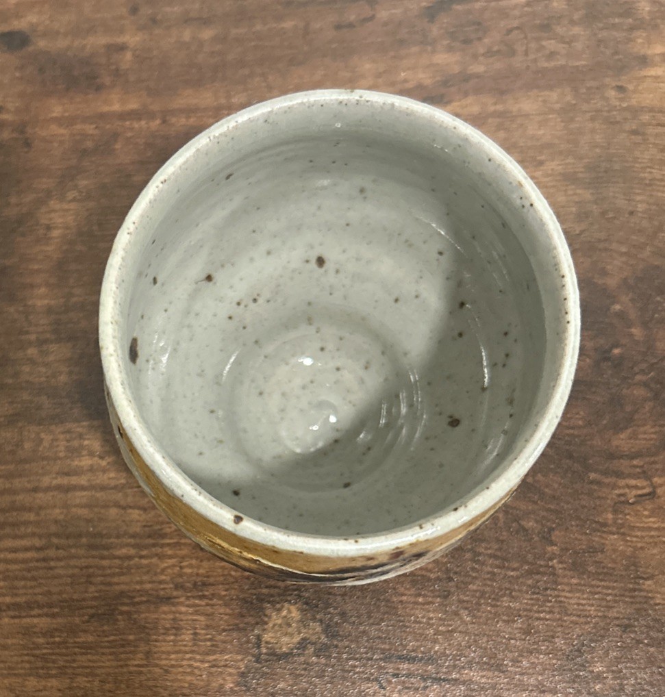 Pottery Tea Tea Bowl/Cup Signed Etched Abstract Blue, Gray, Brown, Tan