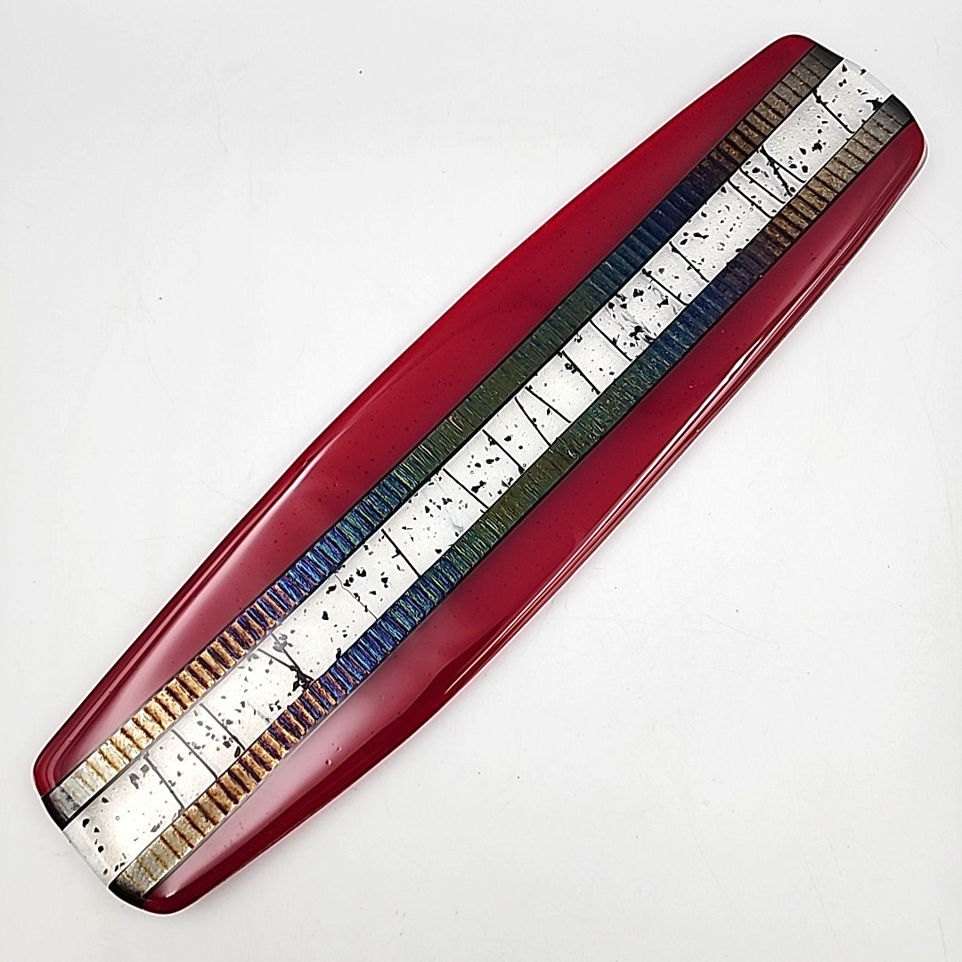 Chris Paulson Sushi Tray Fused Glass Red Iridescent Signed Art Platter