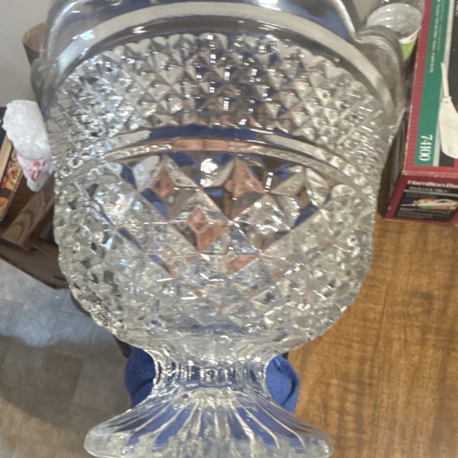 Clear Pressed Glass Pedestal Compote Bowl Diamond Pattern Decorative Round