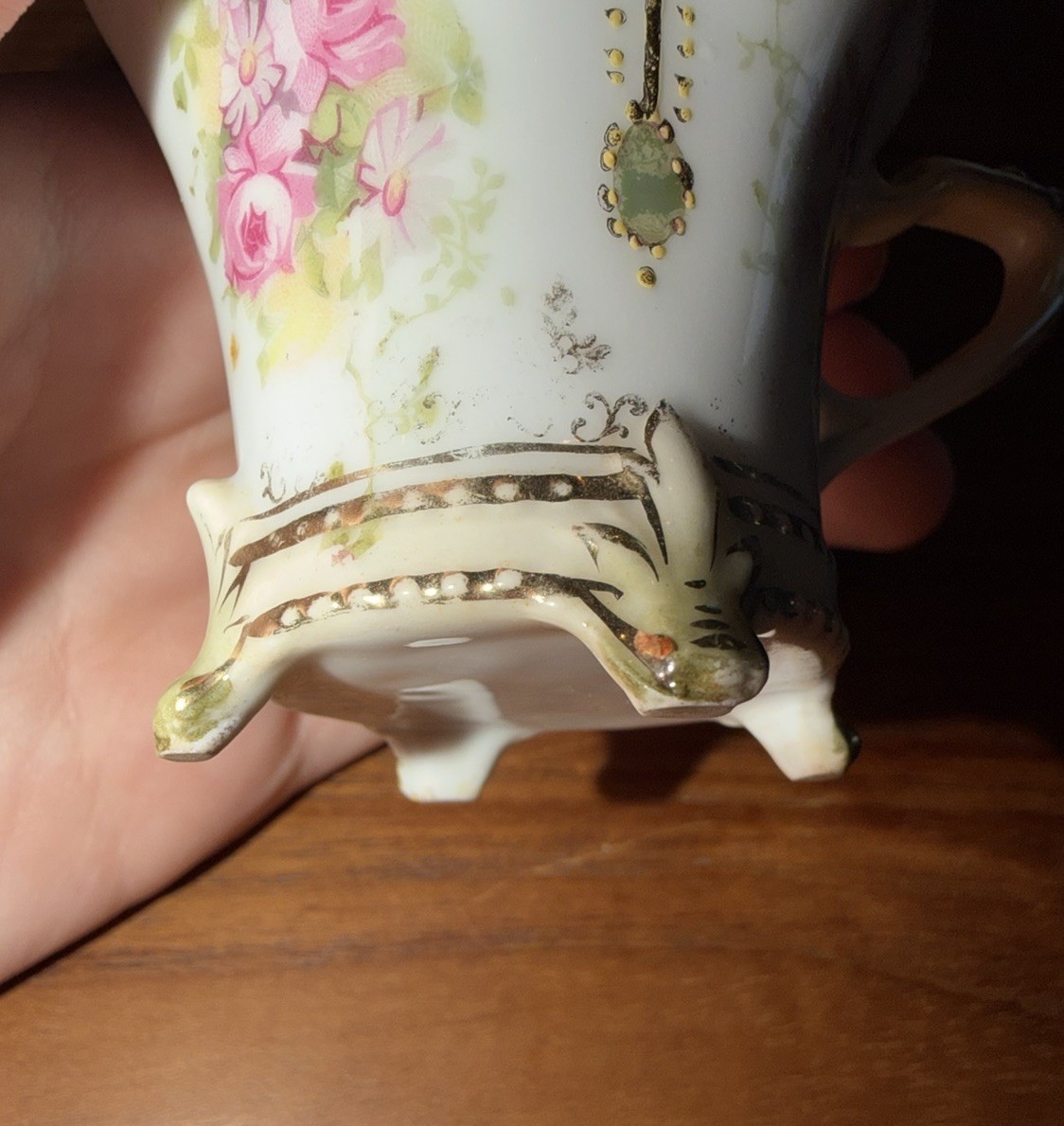Porcelain Creamer Floral Gold Trim Footed Base Decorative White Pink Green