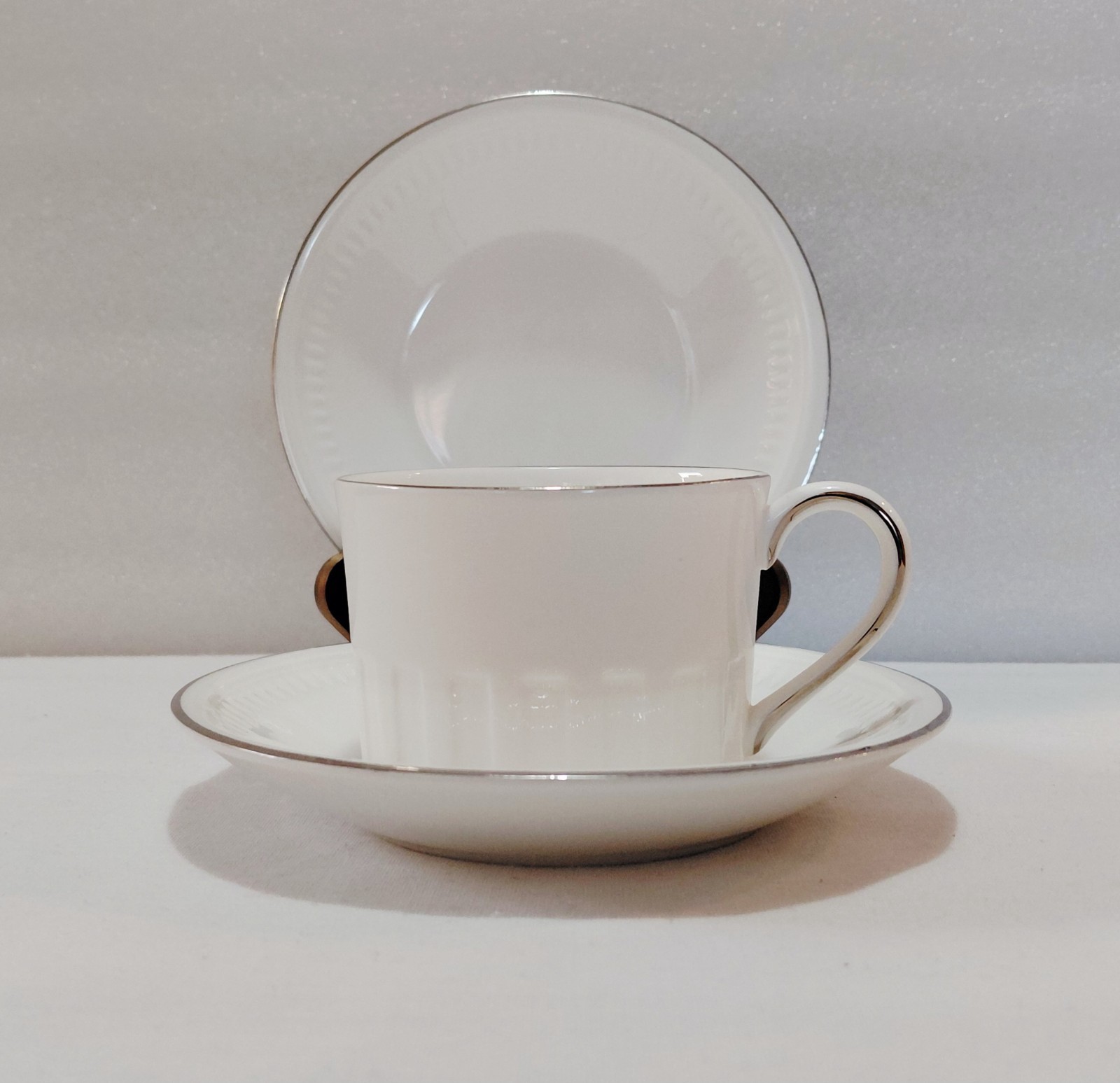 Wedgwood Cup Saucers 6 Oz Colosseum Platinum Elegant Dining Raised Panels 5 Sets