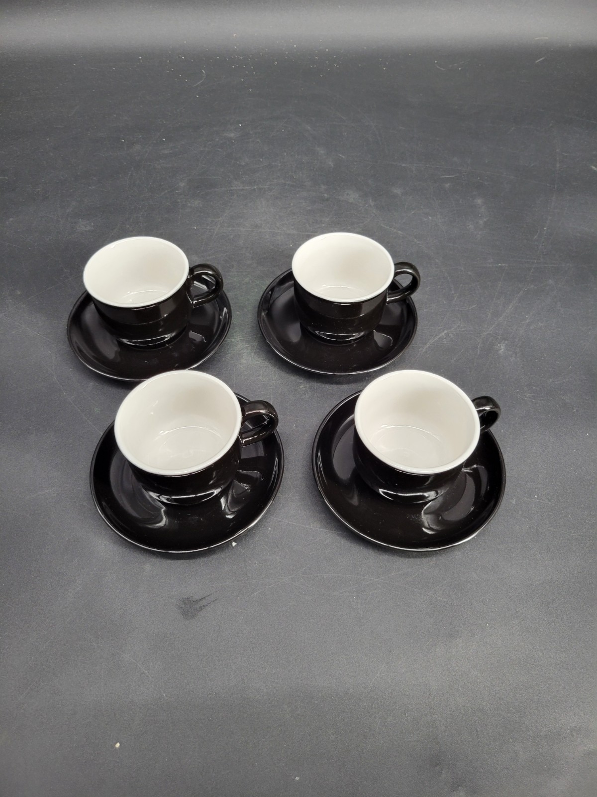 4 Black Glazed 2 1/8″ Teacup/Coffee Cup w/ Four 5″ Saucer Sets 8-Pieces Total