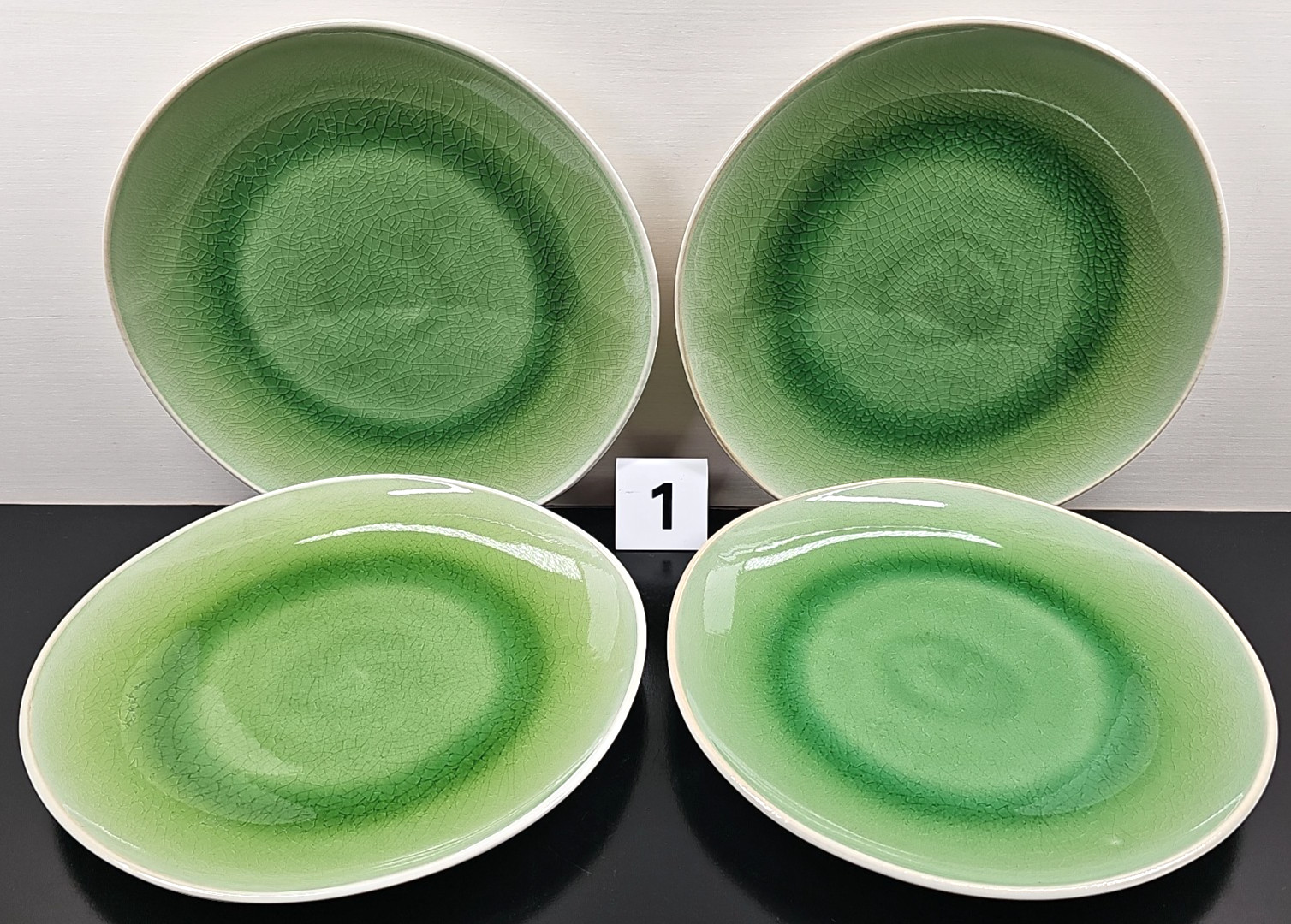 8 Roscher Crackle Glass Green Dinner Plates Set Elegant Stoneware Table Dish Lot