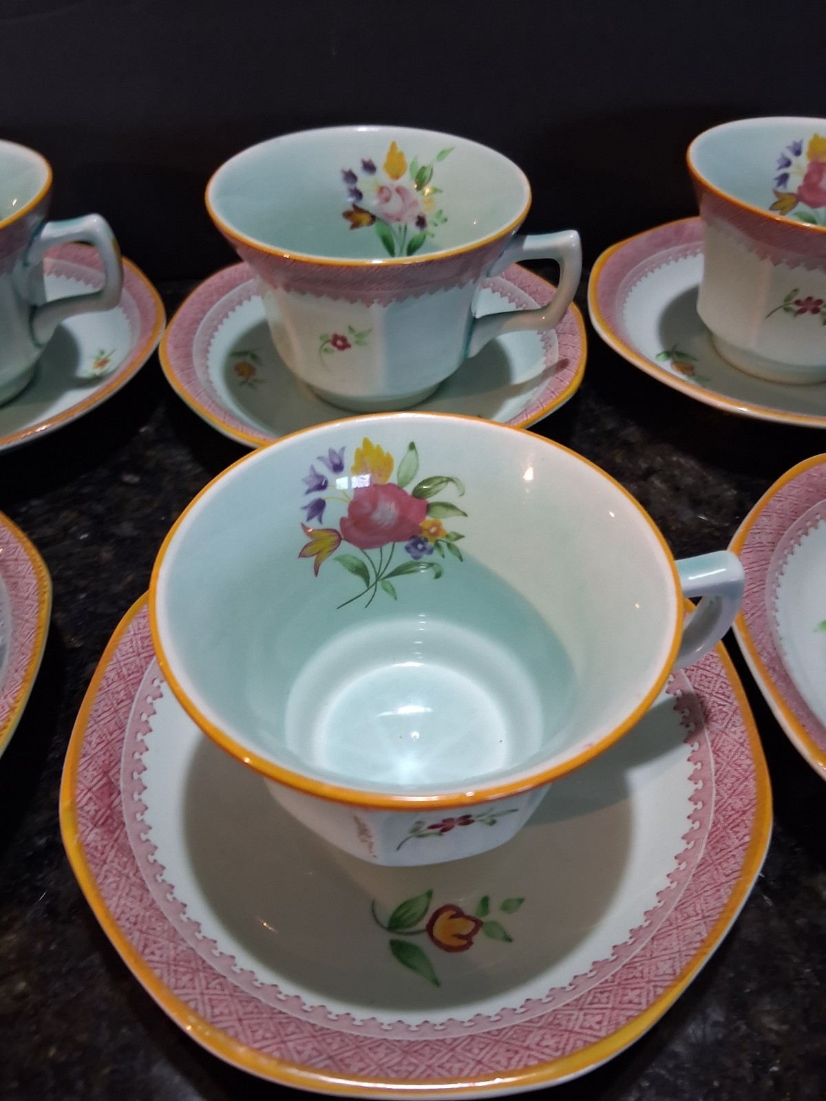 15pc Vntg Adams Calyx Ware Lowestoft Cup & Saucer Set Of 7 + 1 saucer, lt blue