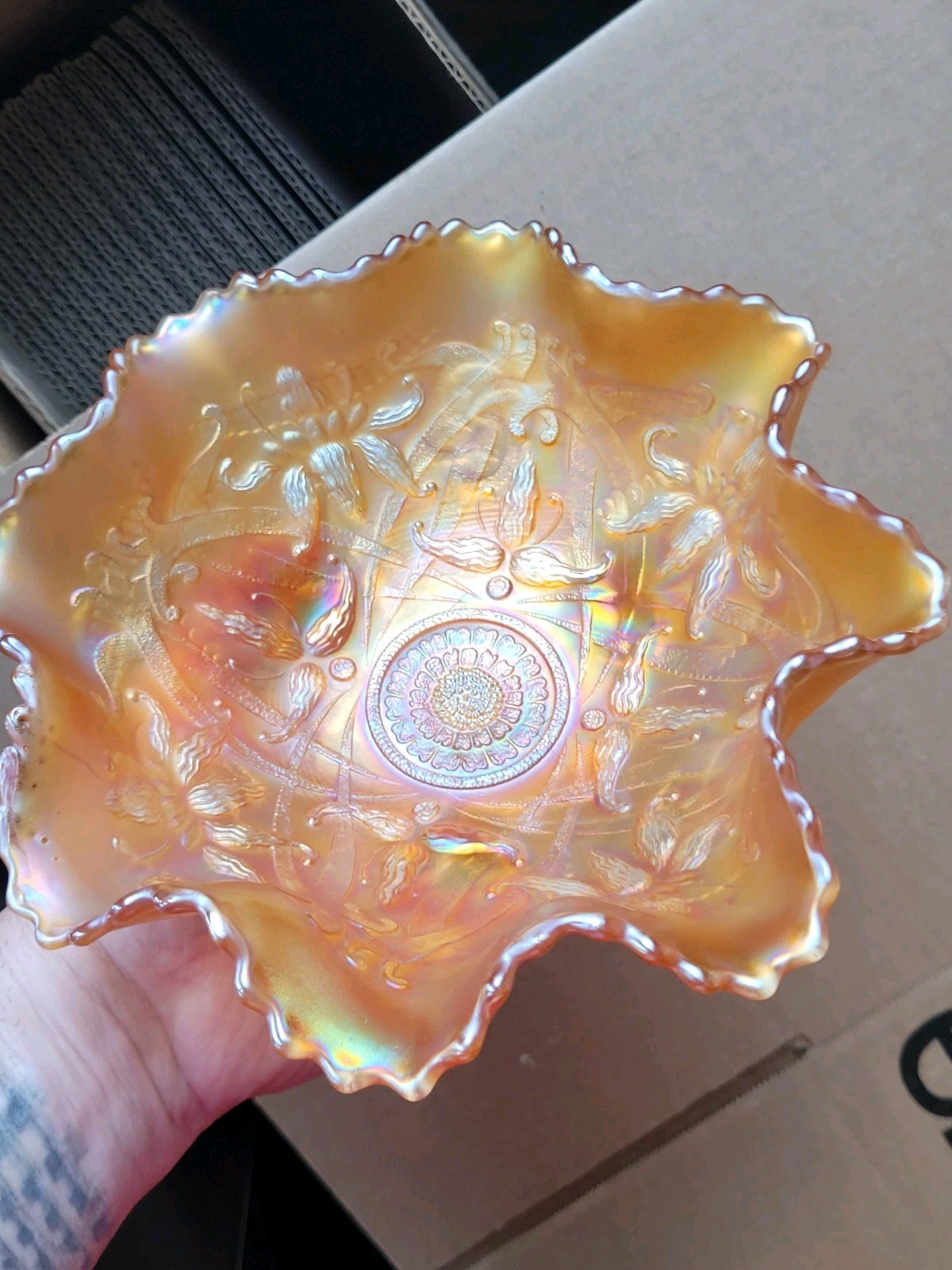 Pretty Marigold Northwood Carnival Glass Wishbone Bowl Ruffles n Rings EX.