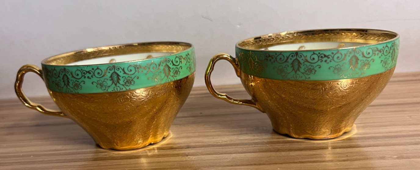 2 Victoria China Czechoslovakia Tea cups with 24K Gold Encrusted Trim -Vintage