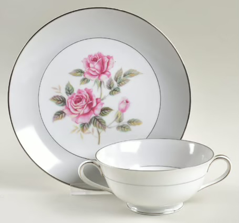 NORITAKE ARLINGTON #5221 Set of 9 Flat Double Handled Cream Soup Bowls & Saucers