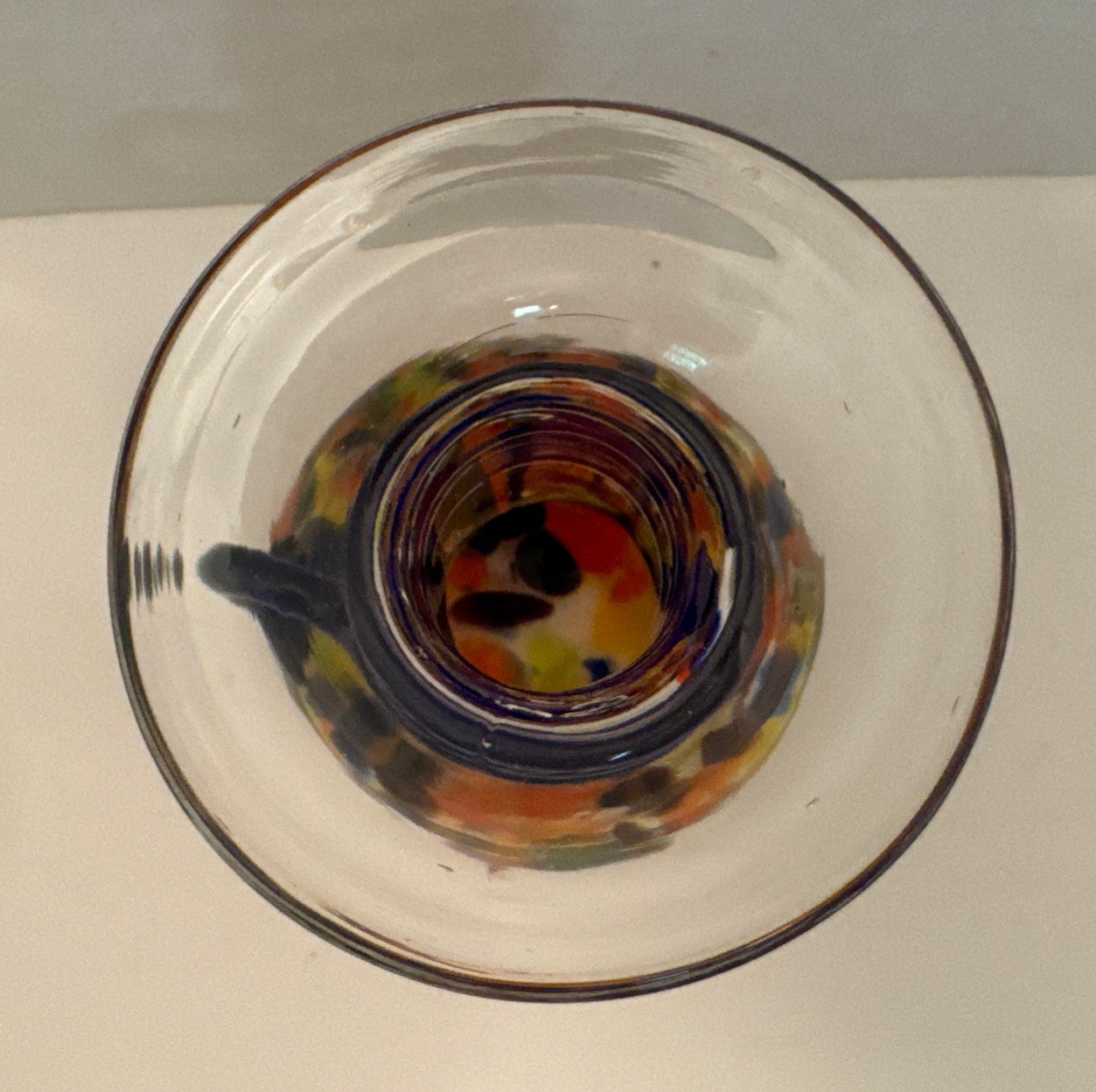 4.75” Hand Blown Pitcher Spatter Yellow Orange Glass Applied Cobalt Blue Handle