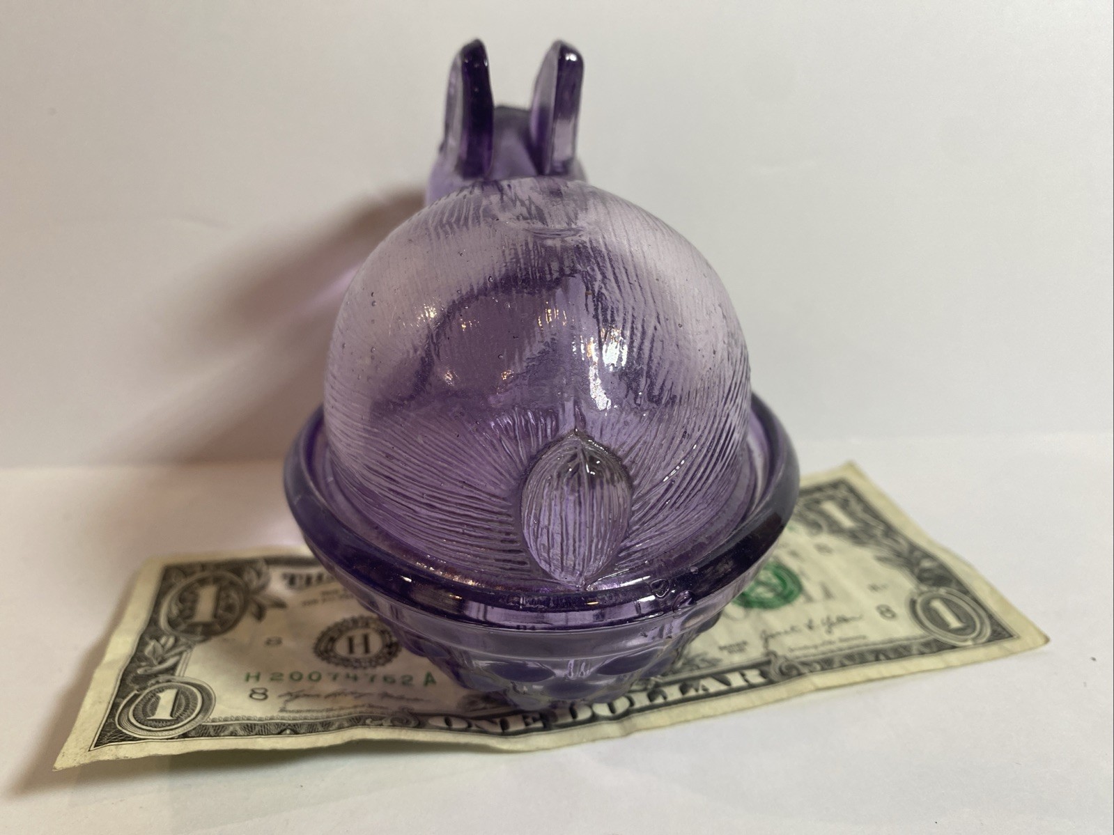 Vintage Lavender Glass Rabbit on Basket Candy Dish w/ Lid Easter Bunny 5”