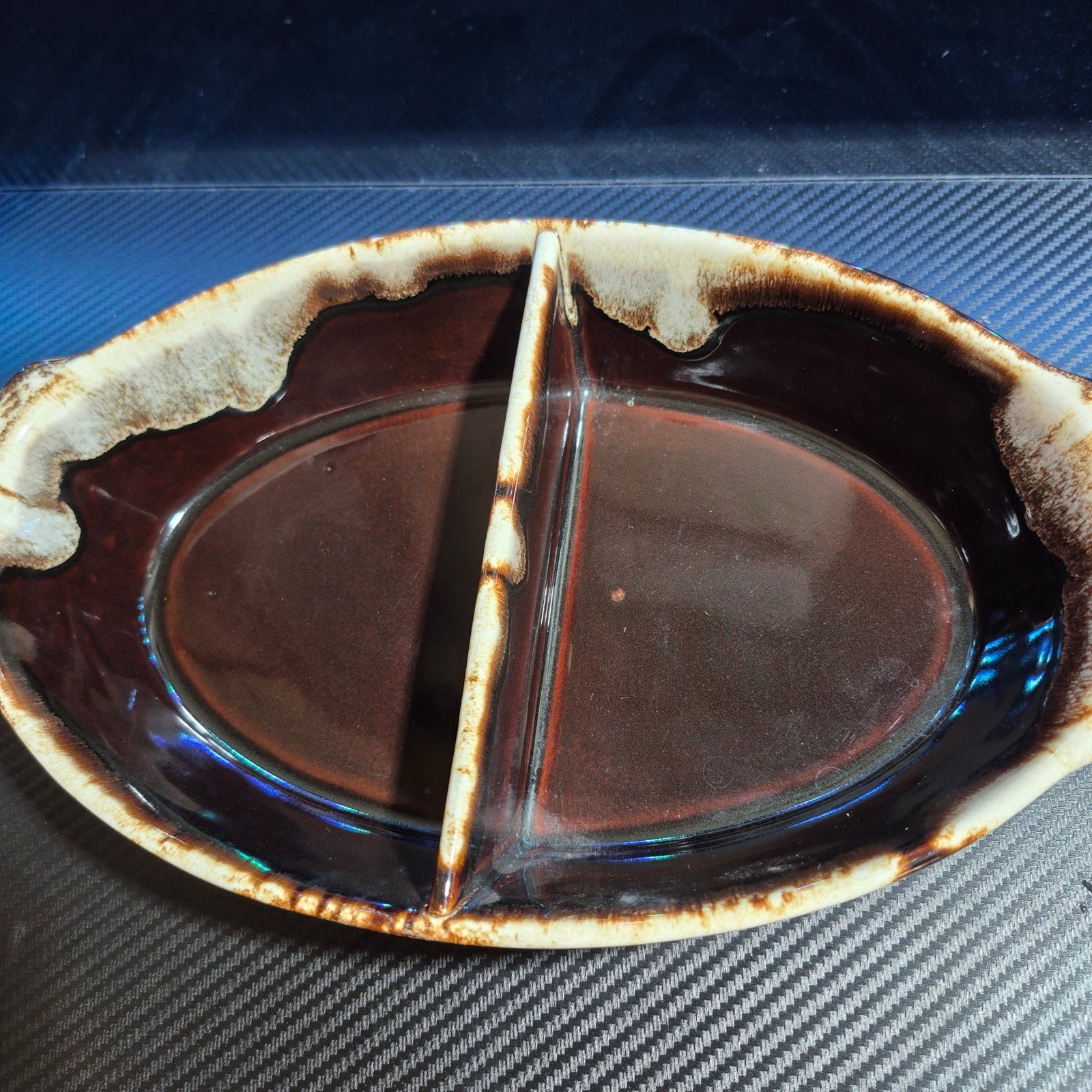 Vintage Pfaltzgraff Brown Drip Glaze Divided Vegetable Stoneware Dish Retro USA
