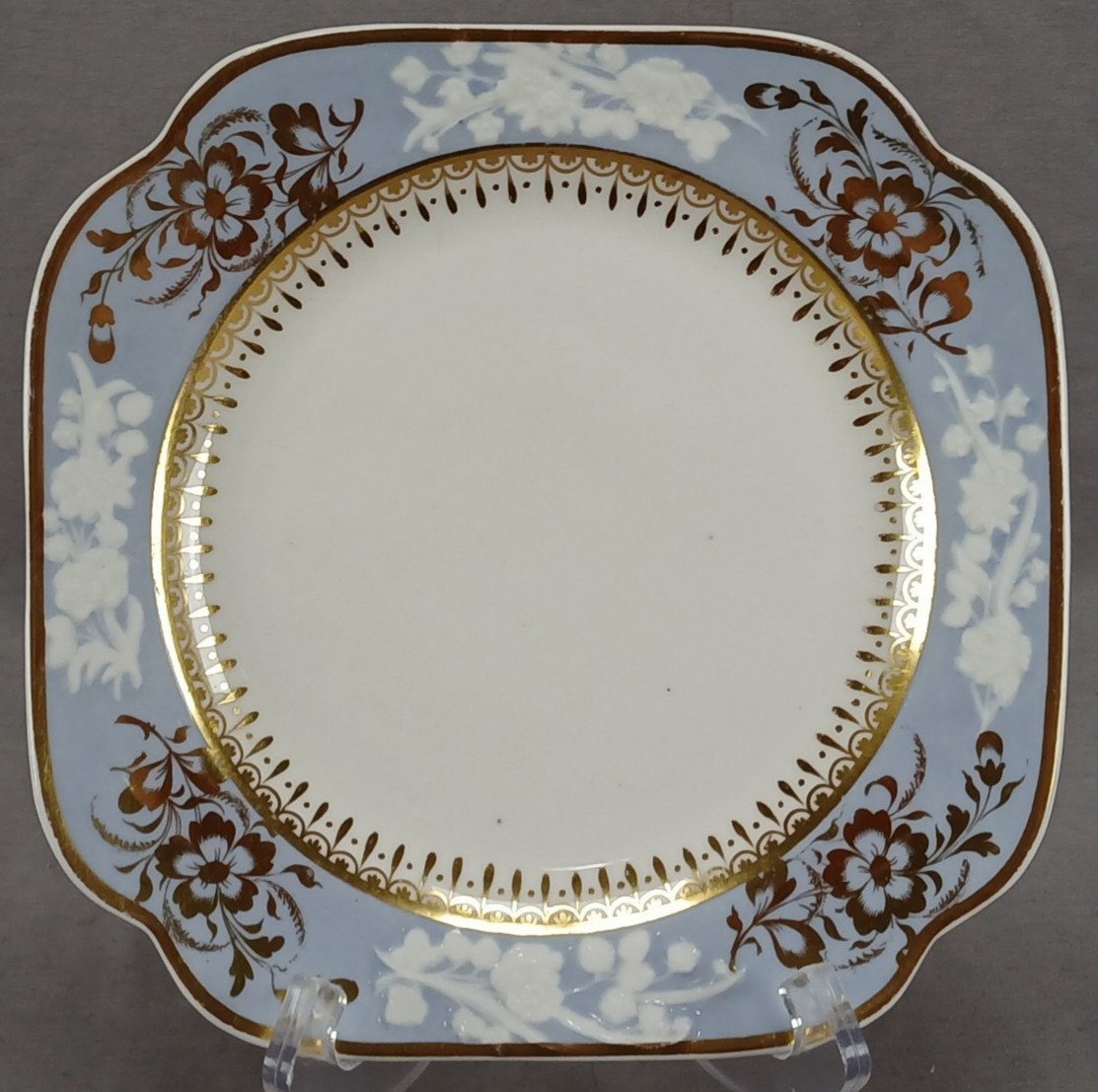 Spode 3906 Embossed Floral Blue Grey & Gold Square Plate Circa 1821-1827 B