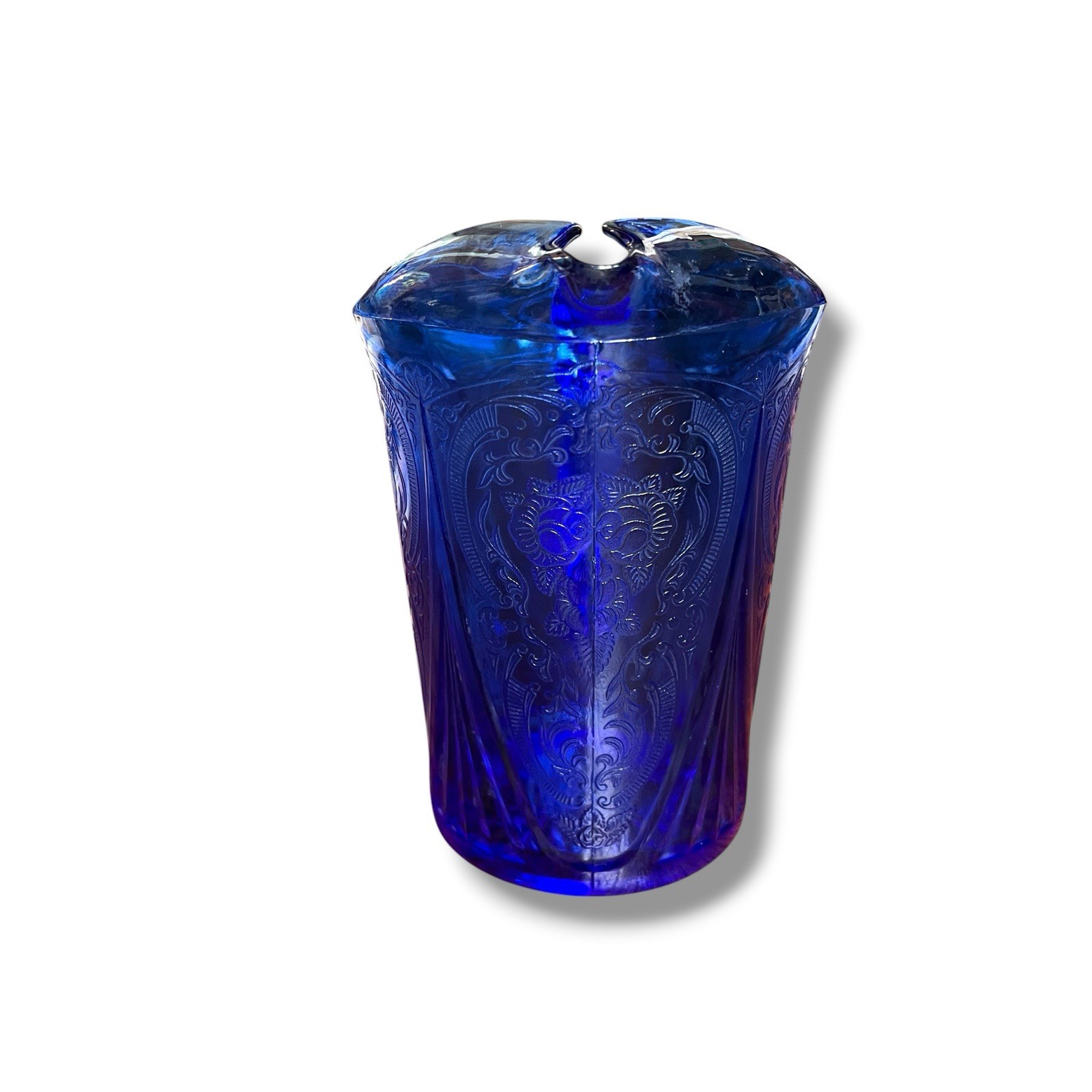 1930s Hazel Atlas Royal Lace Cobalt Blue Depression Glass Pitcher 7 1/2” Tall