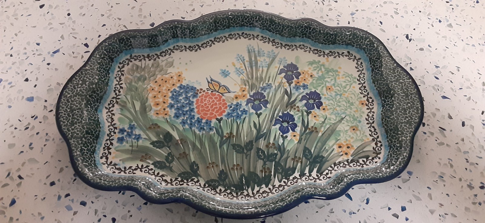 UNIKAT Scallopped Butterfly Garden Platter signed By Teresa Liana 2240