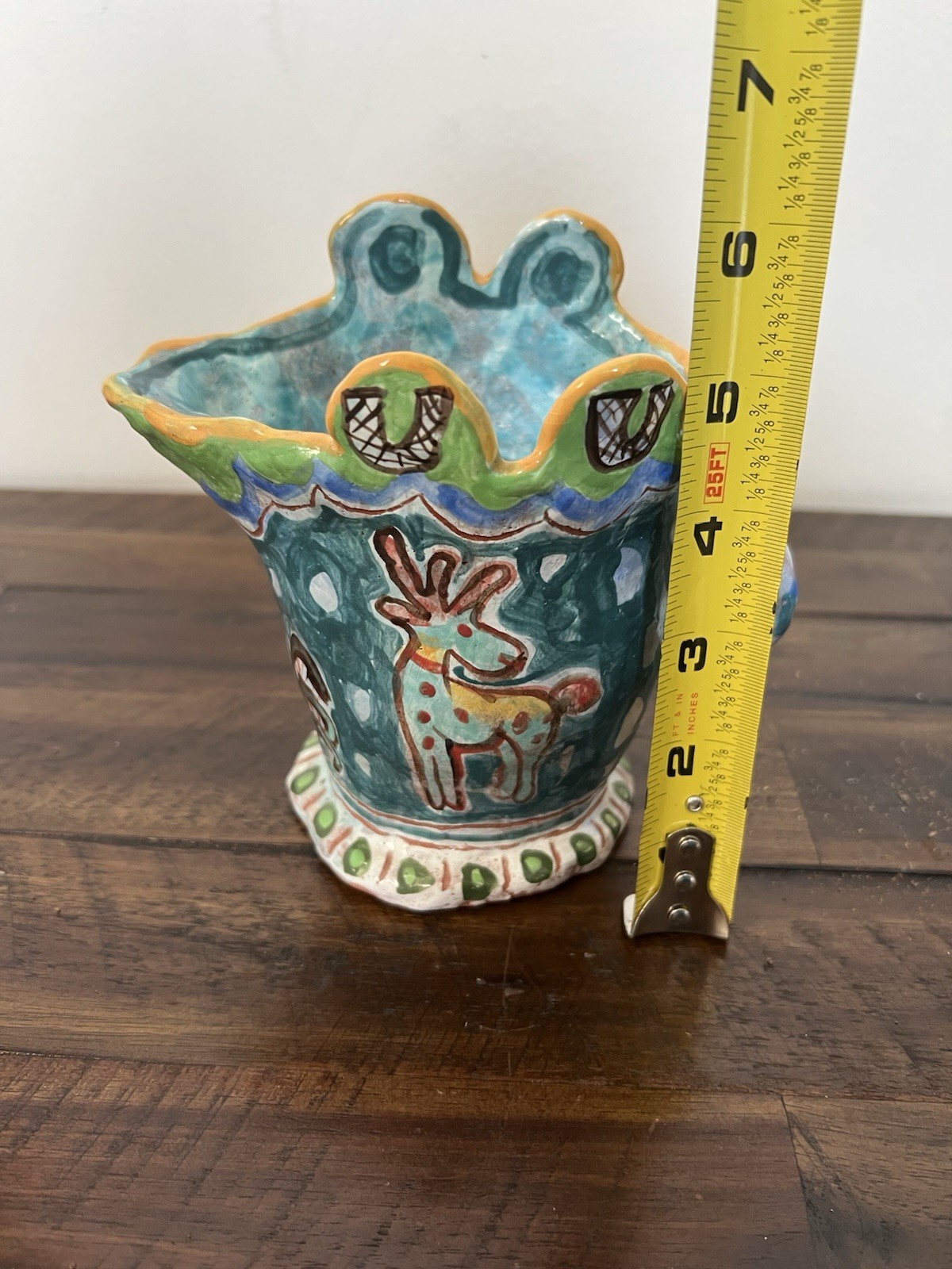 Handmade Folk Art Whimsical Pitcher Colorful Studio Ceramic Pottery Home Decor