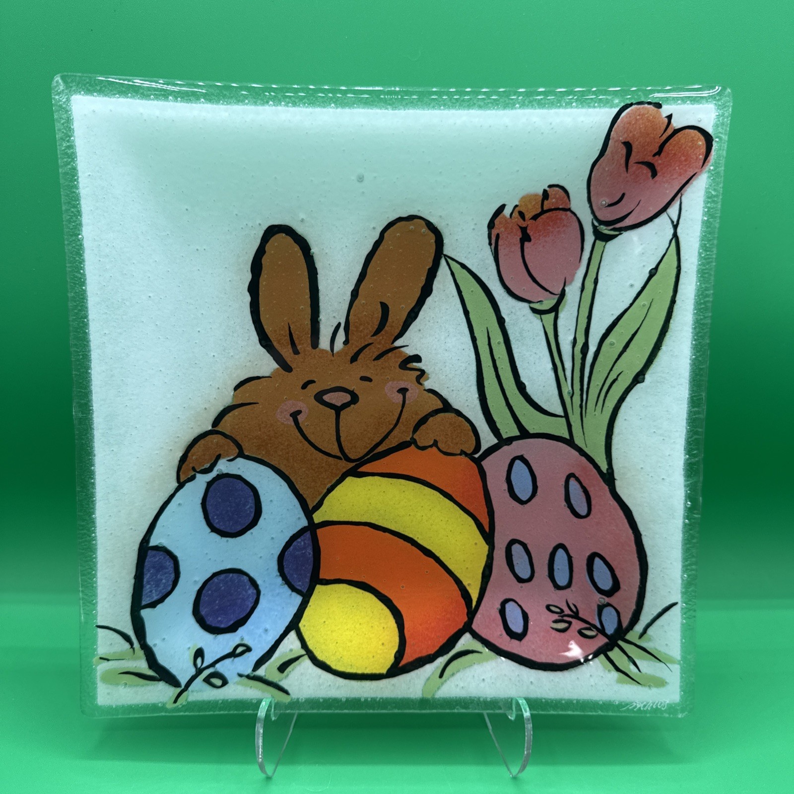 Peggy Karr 10″ Happy Easter Square Plate Fused Art glass signed Cartoon
