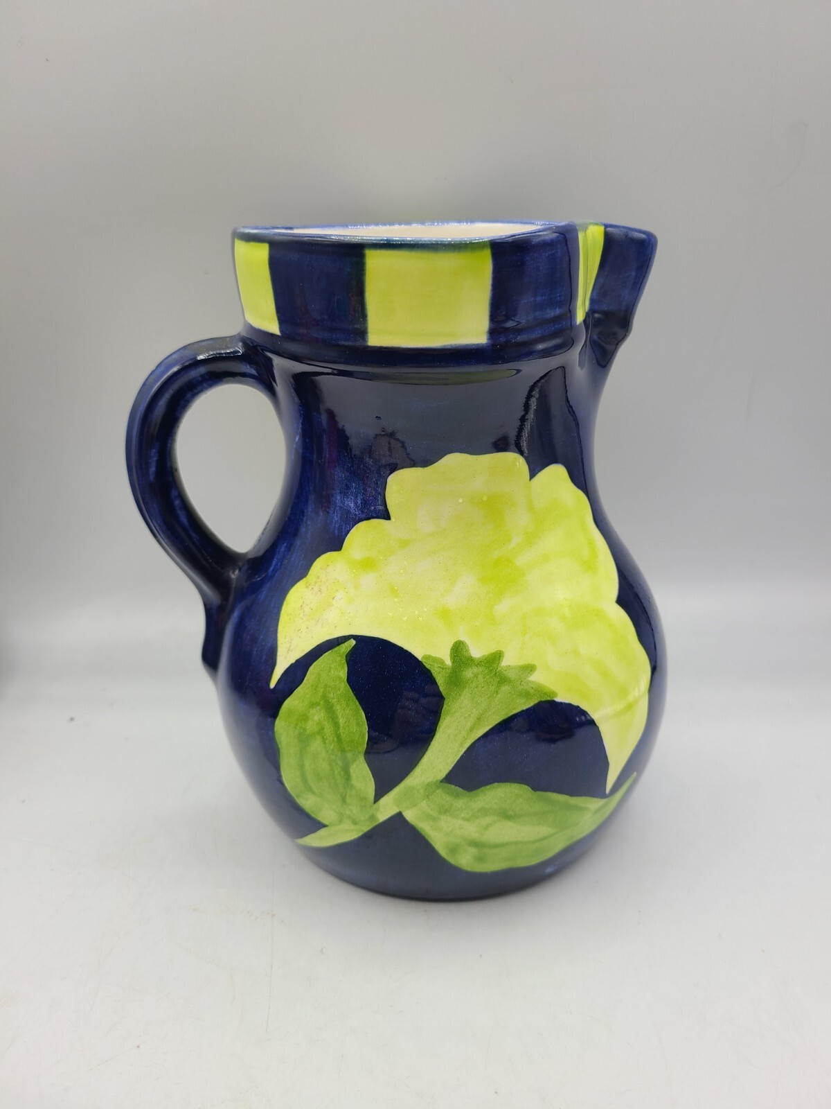 Cobalt Blue Yellow Floral Pitcher Hand Painted Laurie Gates Vintage