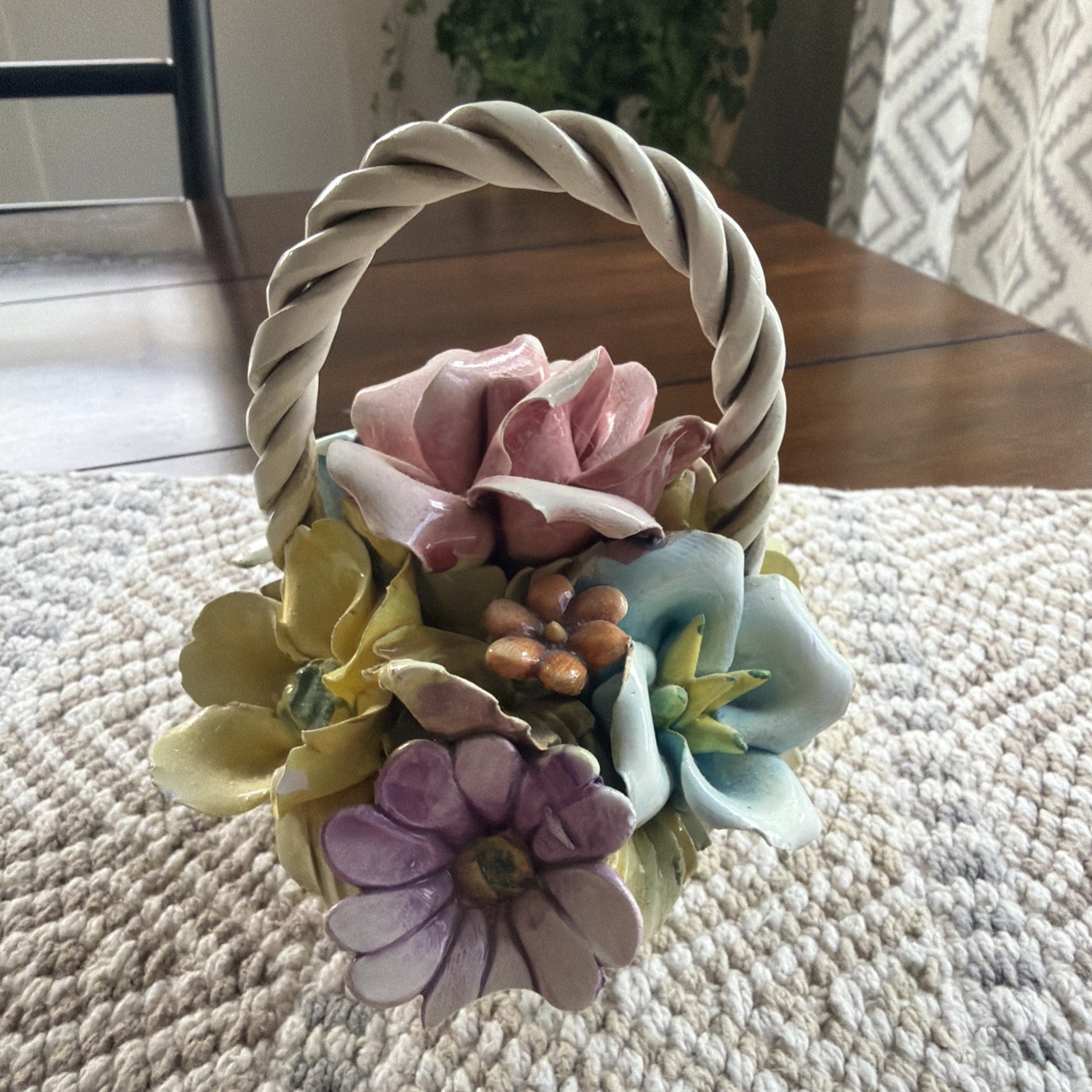 Vintage Italian Capodimonte Basket of Assorted Colorful Flowers Small Chip