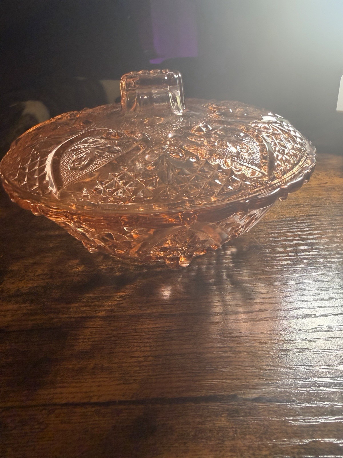 Vintage KIG Hearts & Flowers Pink Glass Candy / Trinket Dish with lid 7 in.