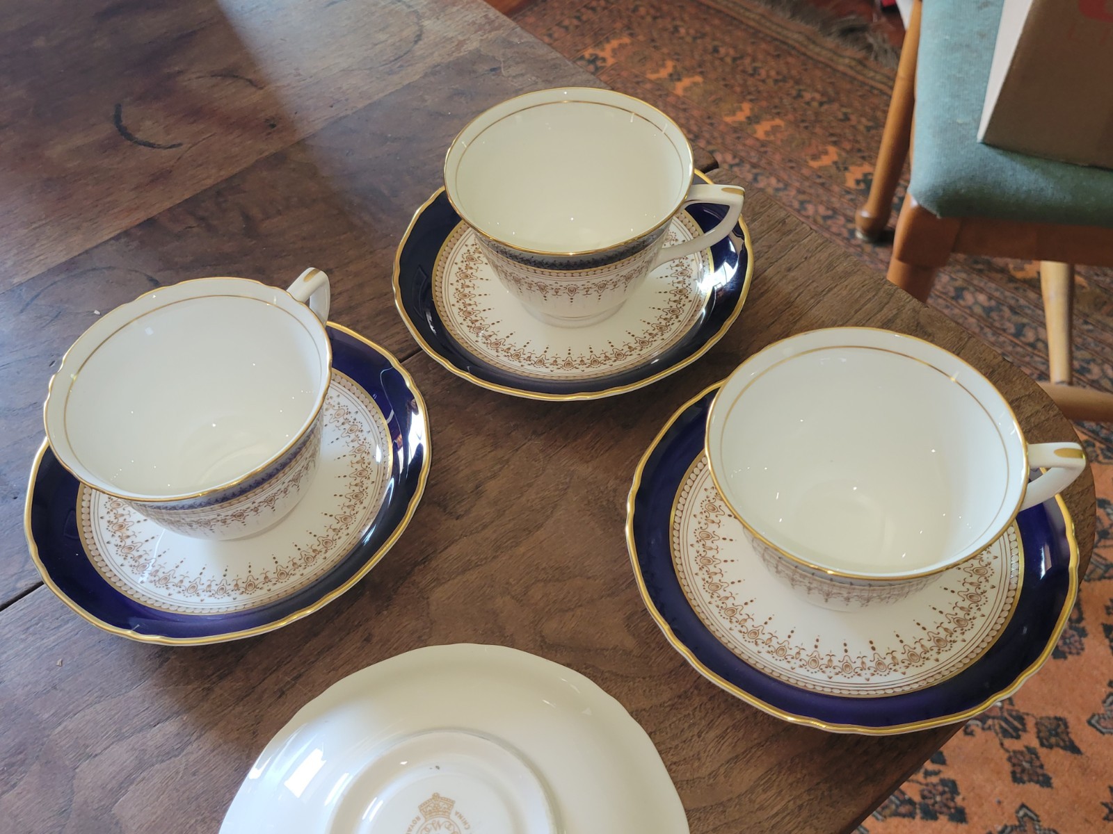 Set Of 4 ROYAL WORCESTER Fine Bone China REGENCY BLUE Tea Cups & Saucers