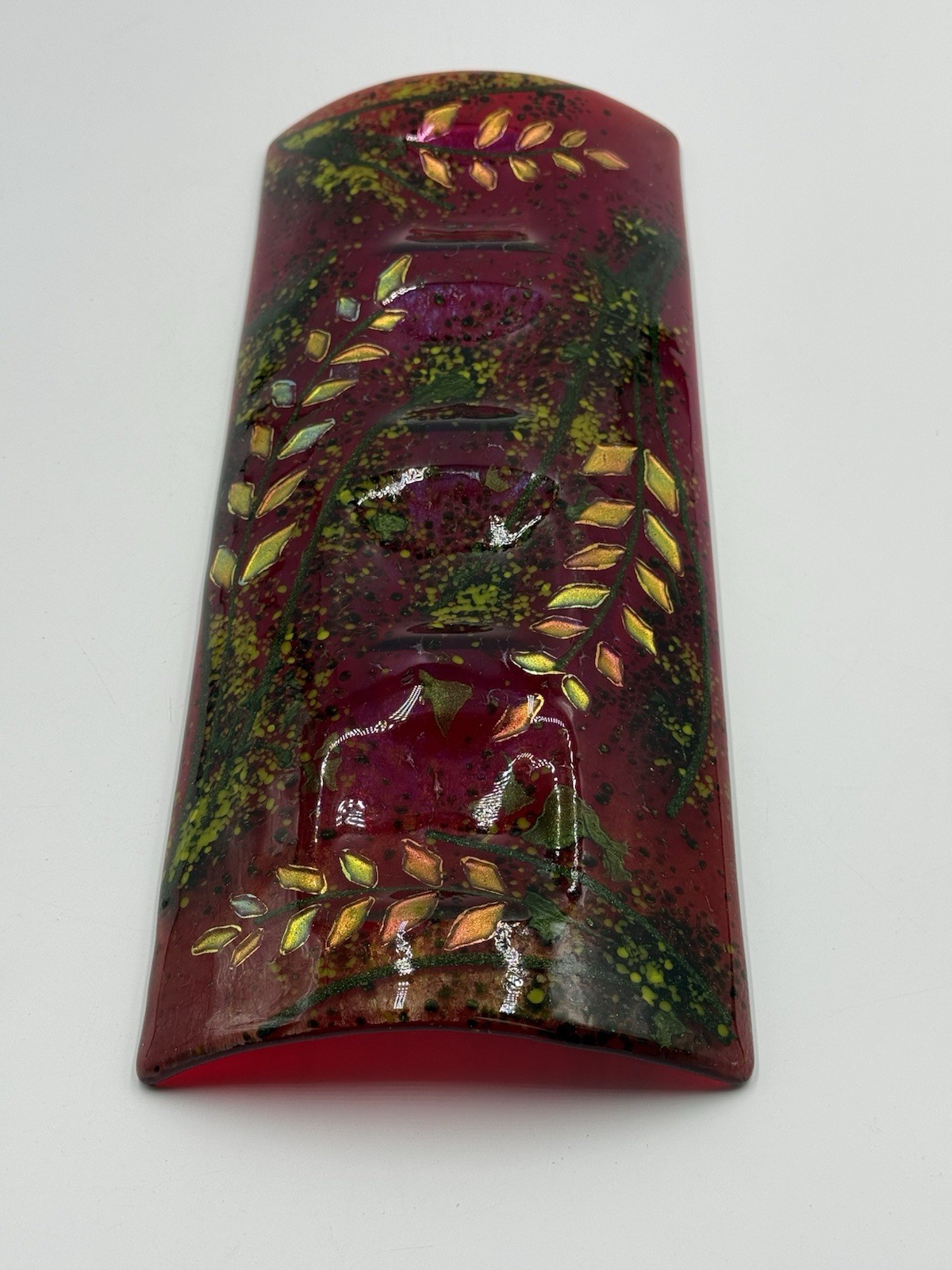 Fused Art Glass Red Green With Iridescent Leaves Rectangle Curved Decor Signed