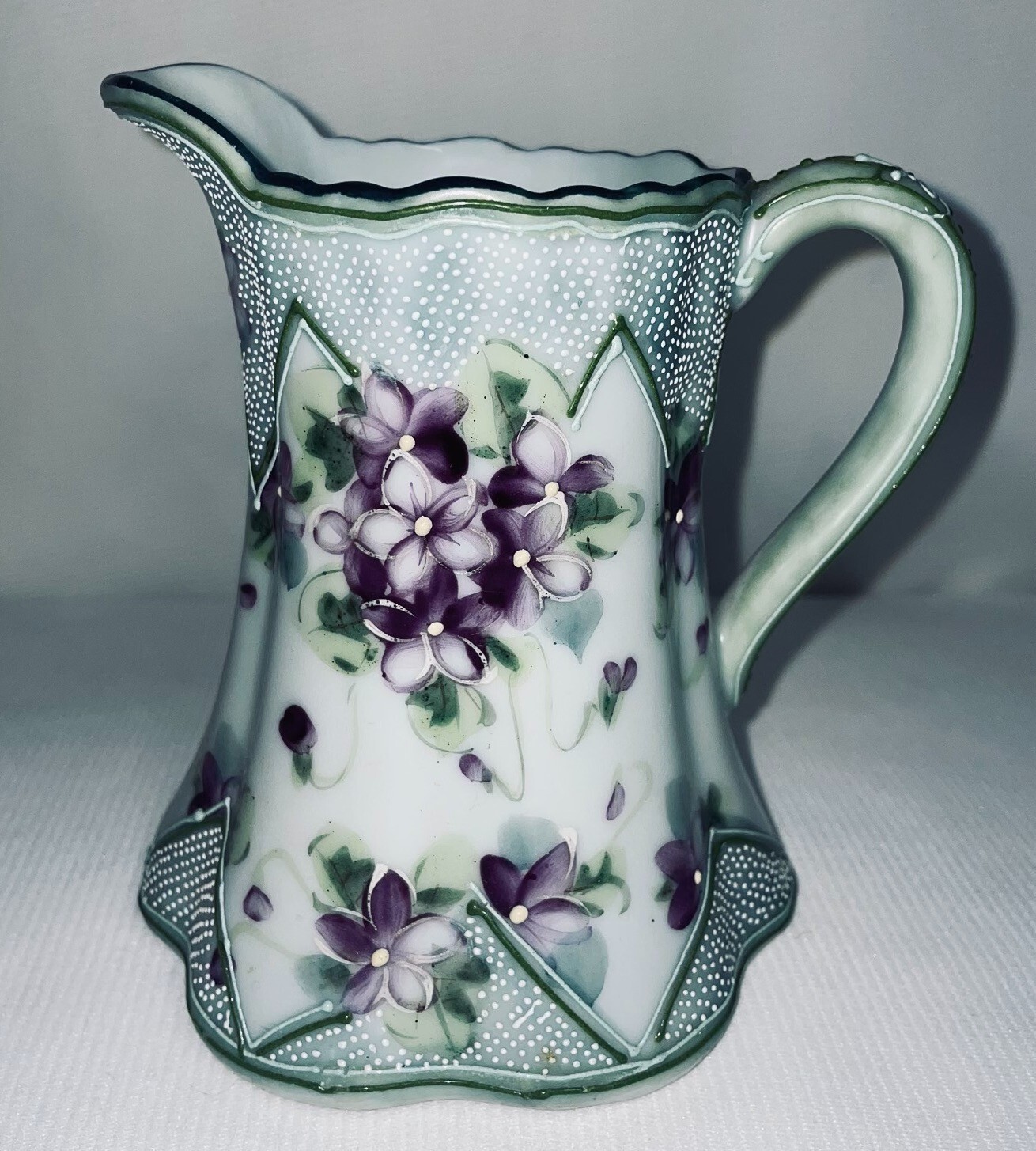 Porcelain Hand Painted Beaded Creamer 1800’s. 5 1/2 Inches High