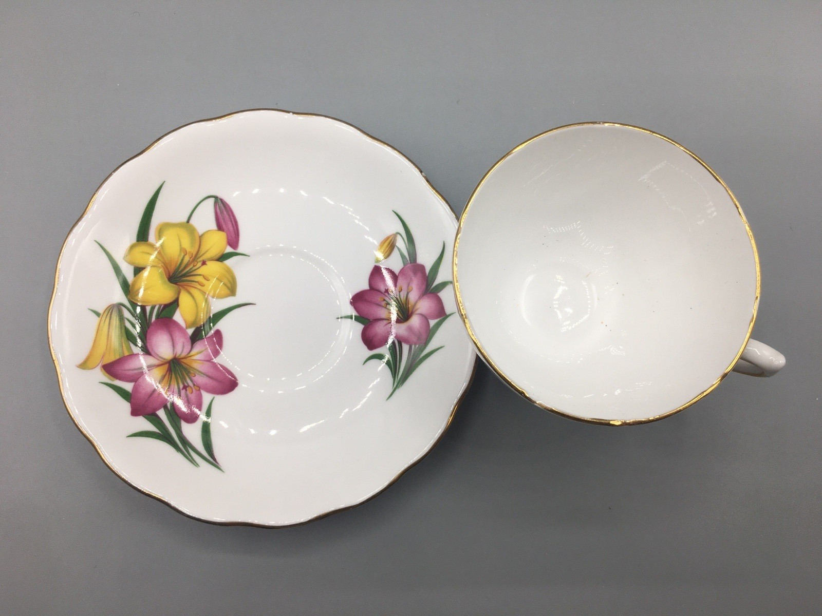 Royal Vale Bone China Lilly’s Yellow & Red Floral Teacup & Saucer Vintage