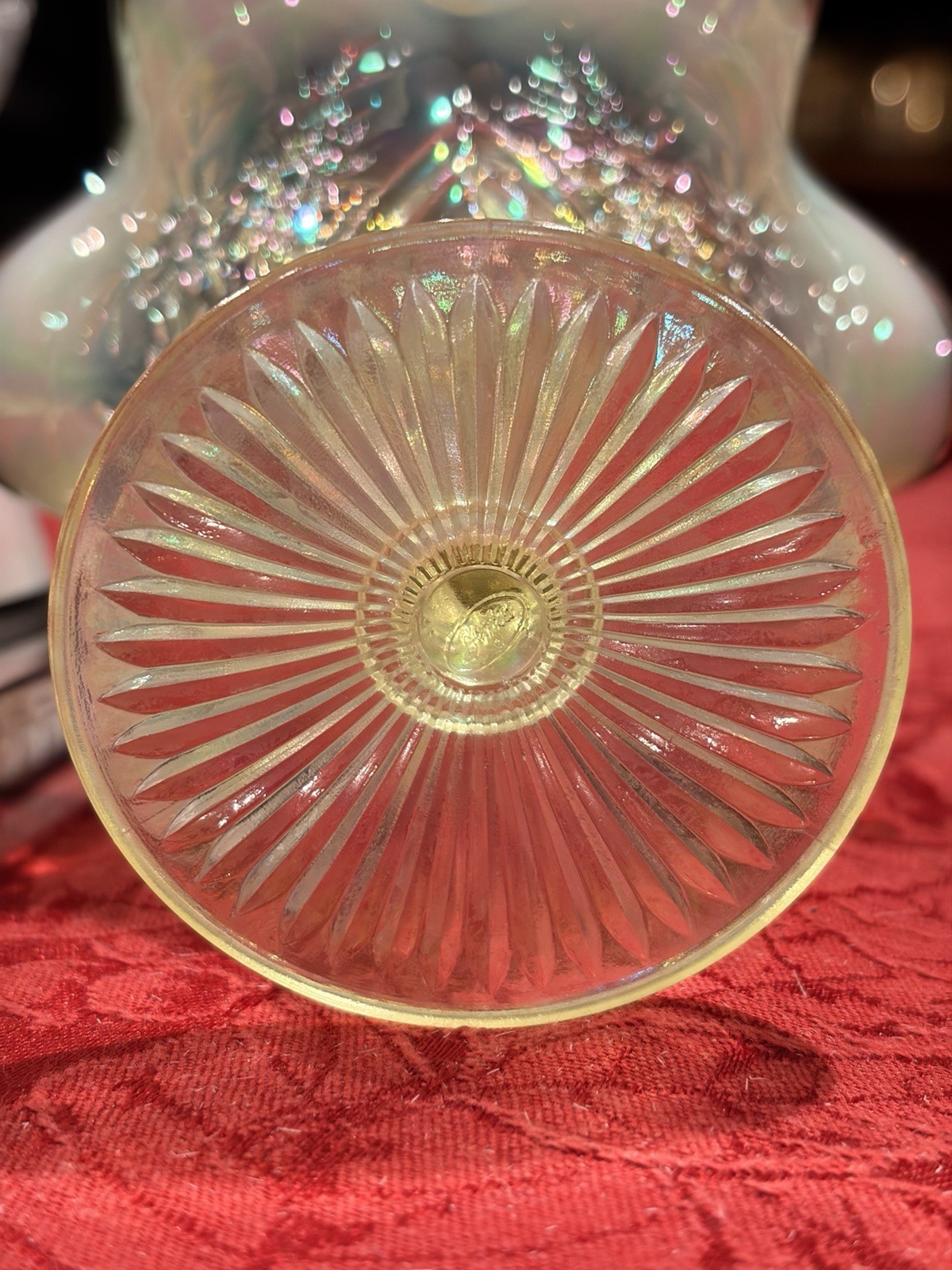Fenton Topaz Vaseline Uranium Glass Daisy Feather Compote Black Crest Ex Cond