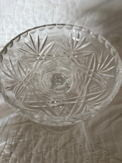 Vintage large crystal candy dish on glass pedestal. Approx 5 1/2 inches