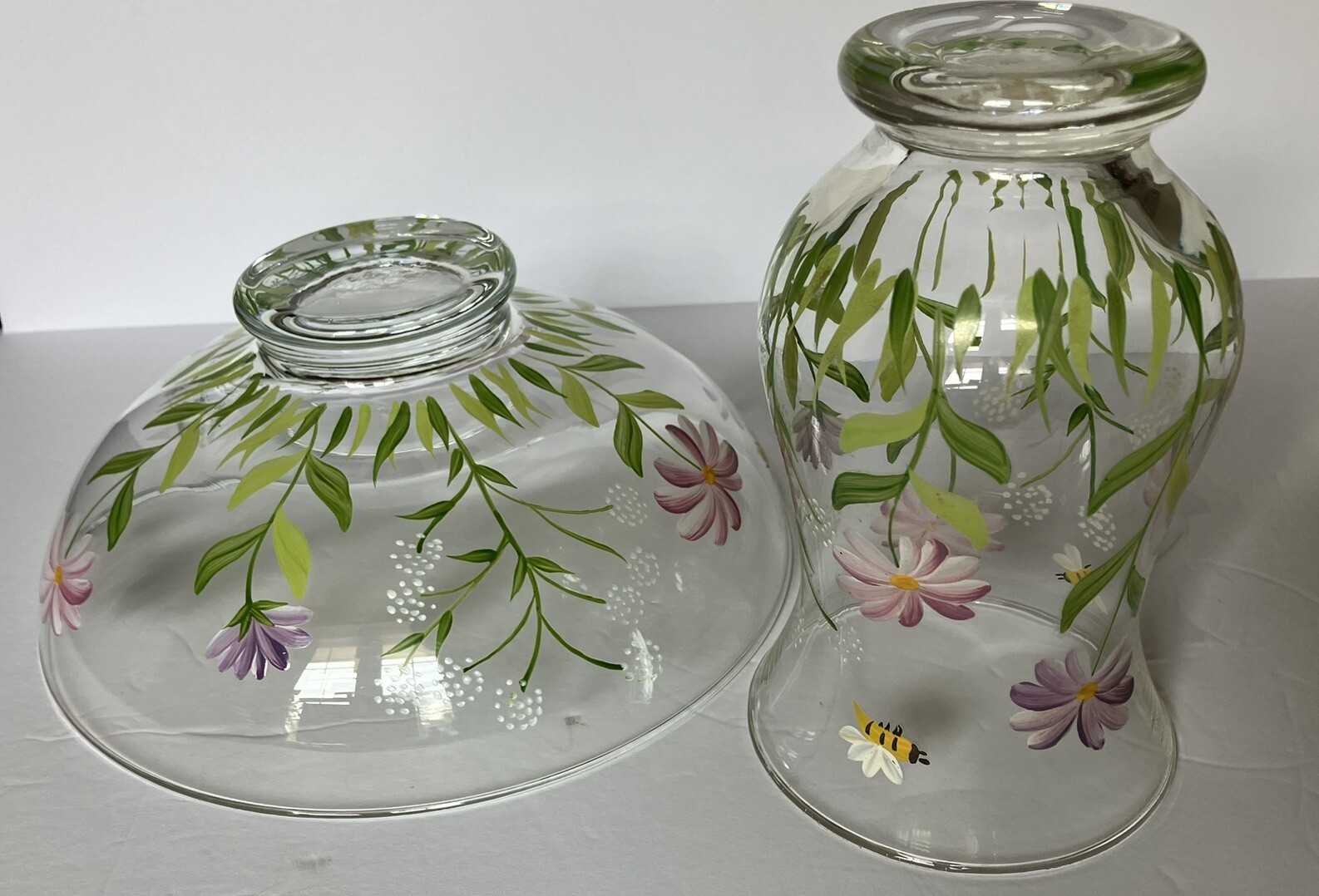 Hand Blown And Painted 9 Inch Glass Bowl And 6.5” Vase Floral And Bees