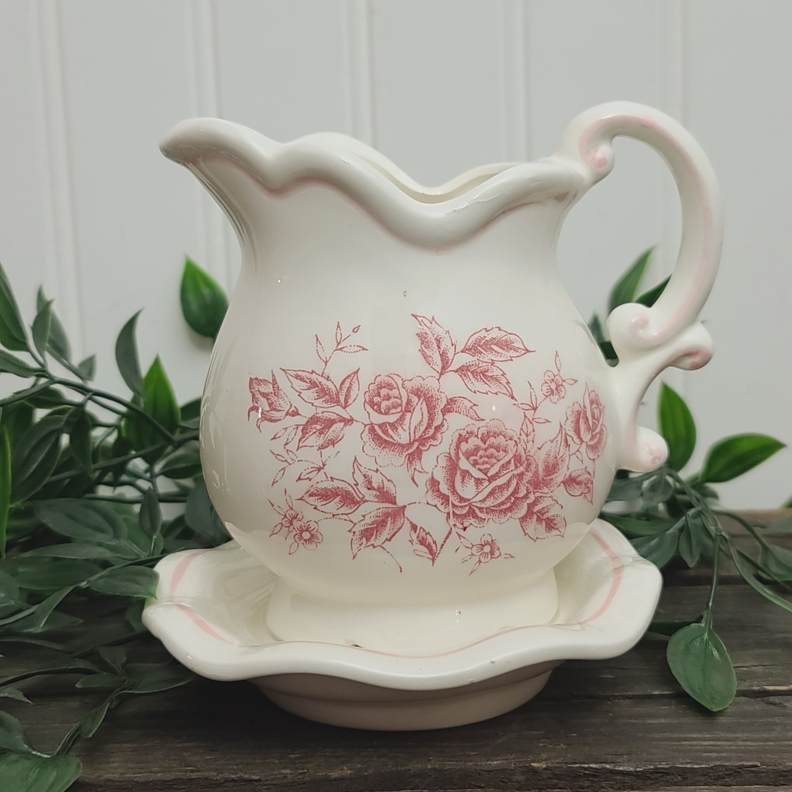 Vintage Pink Floral Roses Creamer Pitcher Planter Shape Vase w. Saucer 5″
