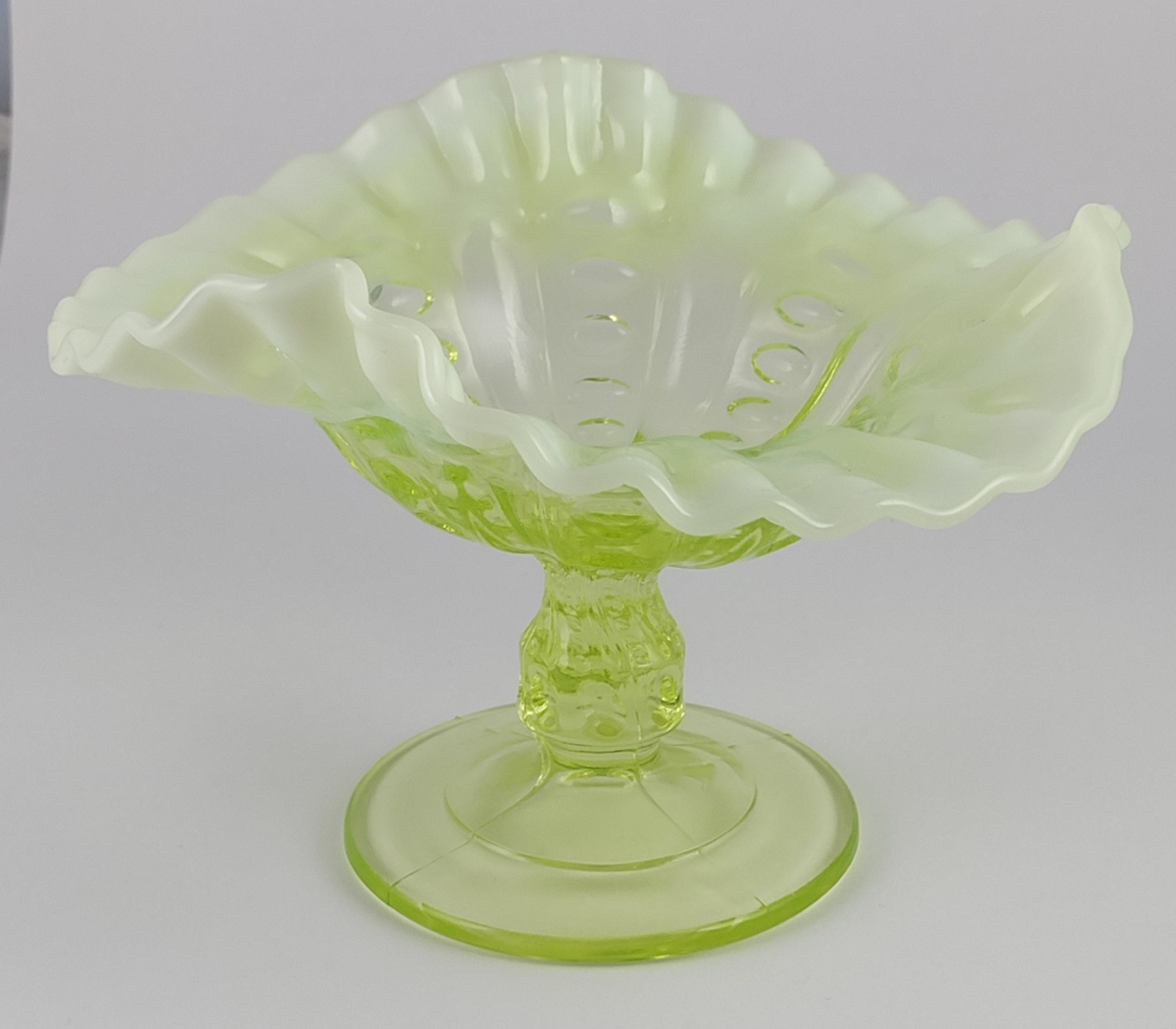 Antique Dugan Canary Opalescent Vaseline Glass Coin Spot Compote UV Glow