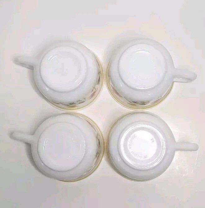 Arcopal France – Milk Glass Tea Cups Hibiscus, Lily, Bluebell Flowers – Set of 4