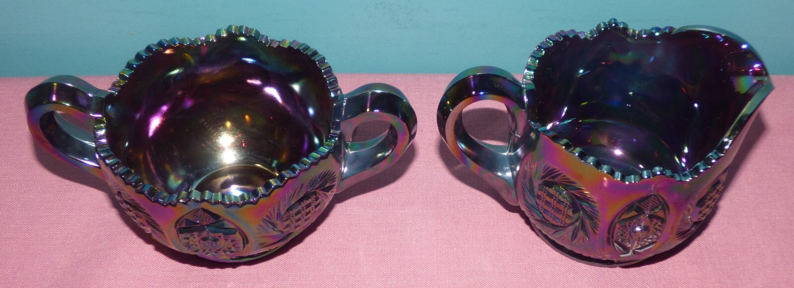 L.E. Smith Amethyst Carnival Glass Creamer and Sugar Bowl Set – Sunburst Pattern
