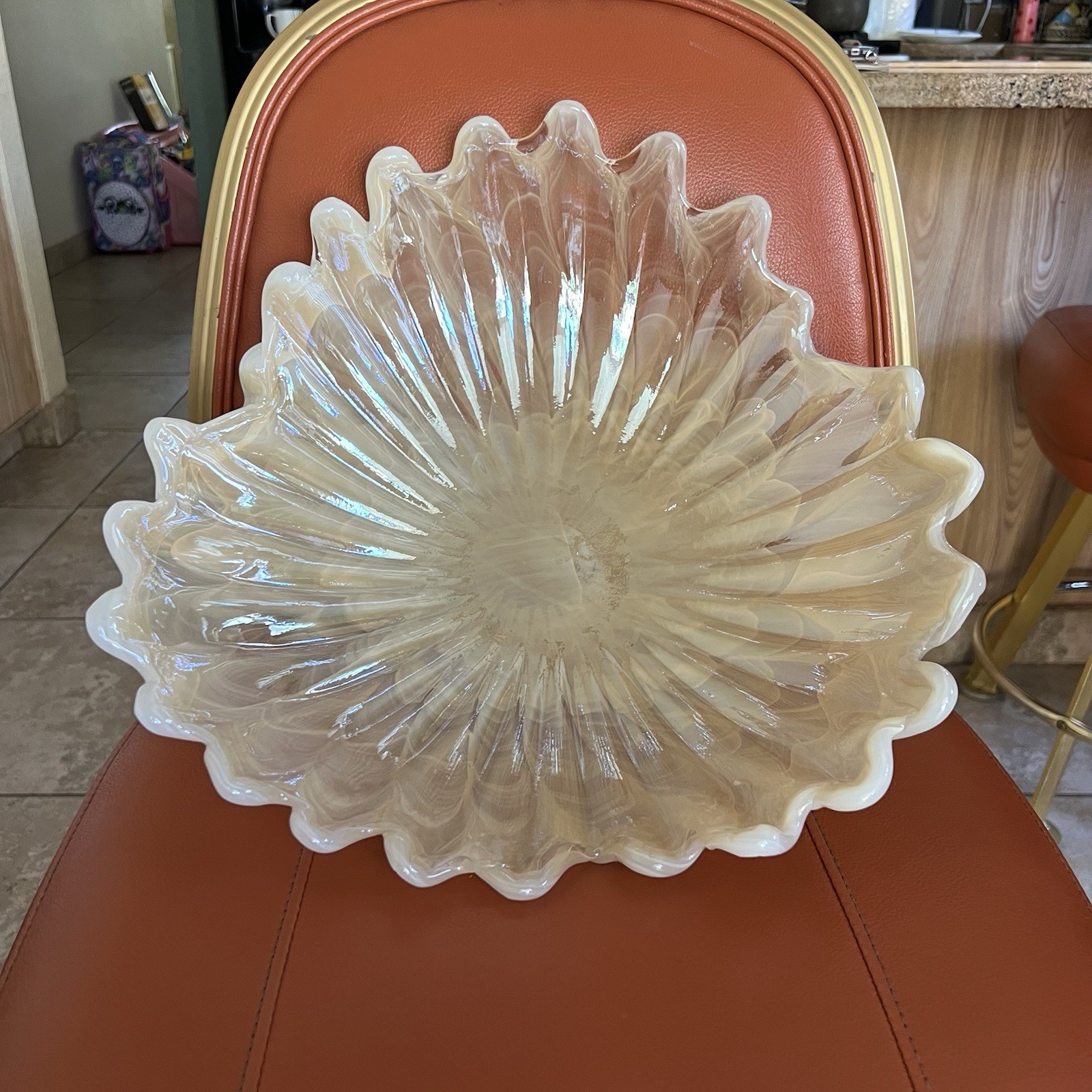 Murano Art Glass XL White Cream Freeform 3-Leaf Clover Center Bowl Italy 16″dia