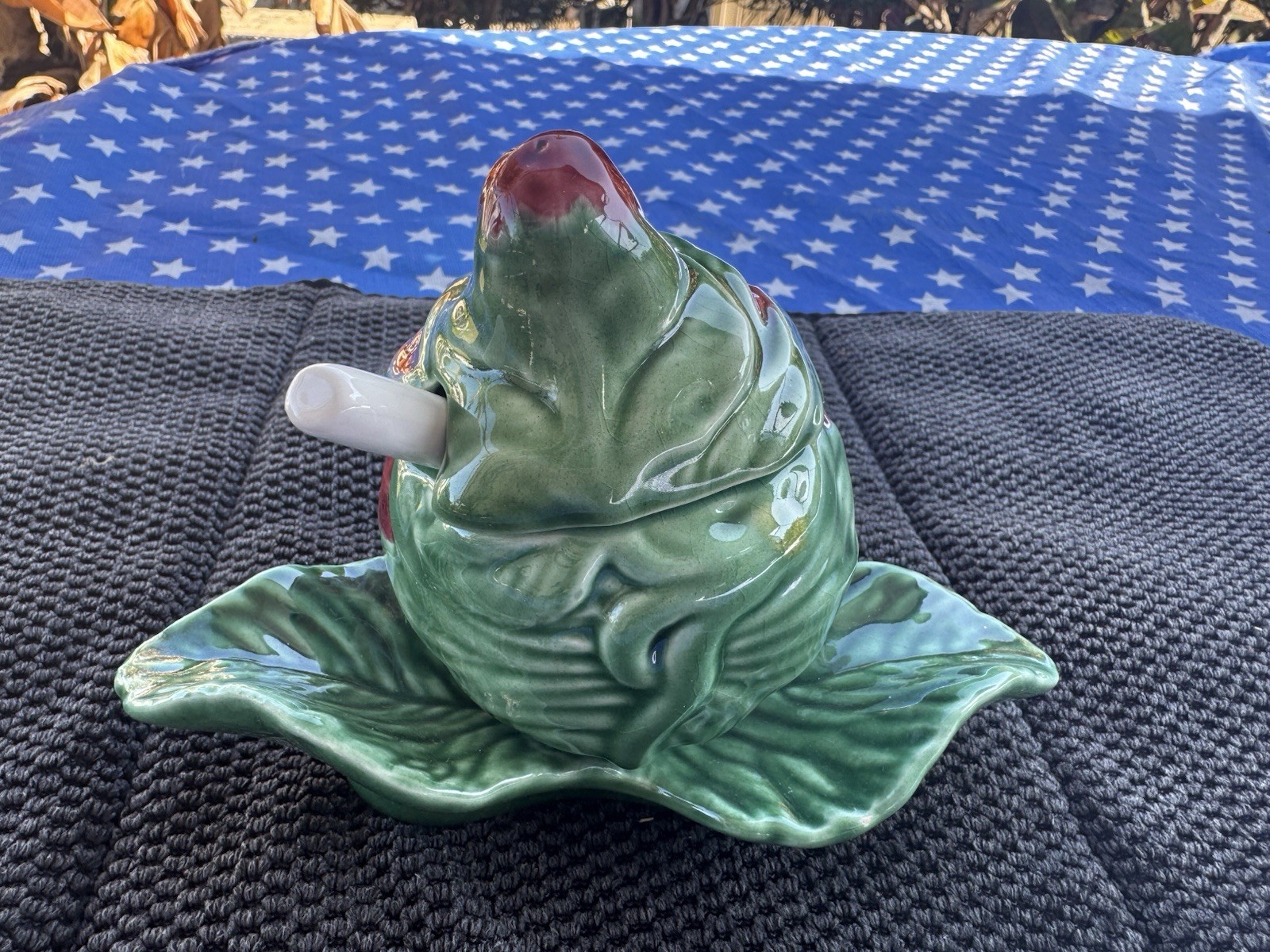 VTG Bordallo Pinheiro Majolica Strawberry Condiment Dish-Lid, Spoon