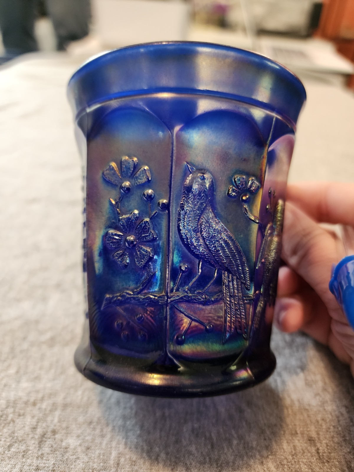 NORTHWOOD*MINT+PERFc1911″COBALT BLUE”CARNIVAL GLASS”SINGING BIRDS*MUG