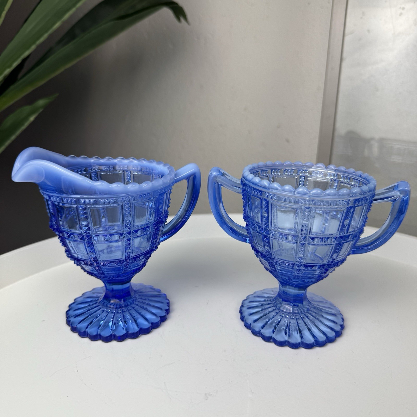 Vintage Deco Imperial Glass Beaded Block Blue Opalescent Cream & Sugar Set c1930