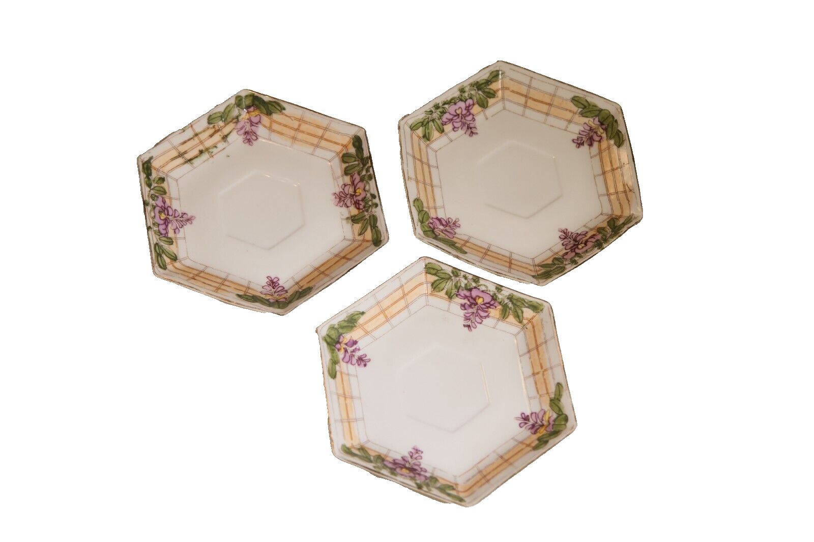 Lot of 3 Vintage Nippon Japan Tiny Hexagon Plate Dish Saucer Floral Purple Green