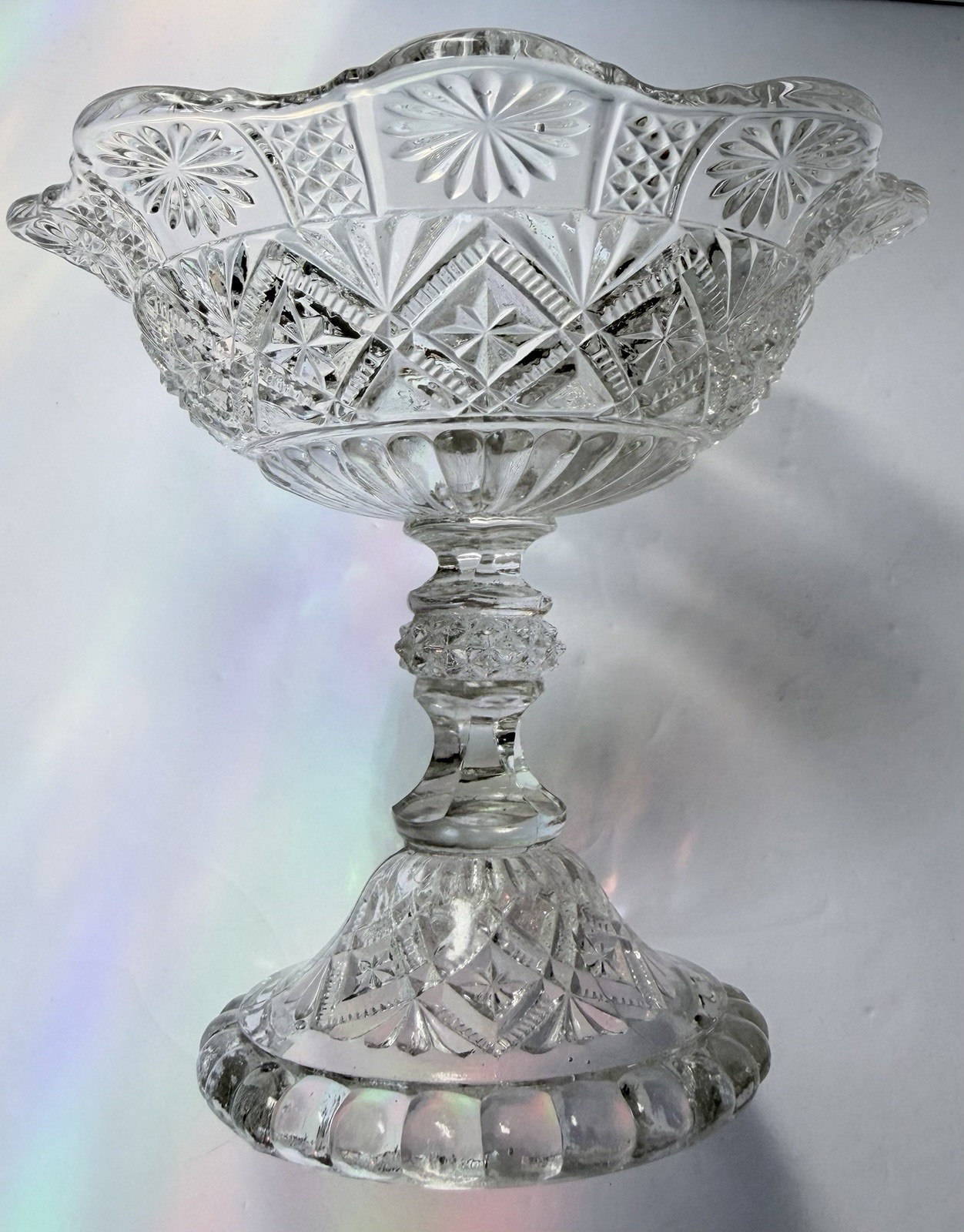 EAPG Clear Pressed Glass Covered Compote Diamond Fan Pineapple Finial UV365 Glow