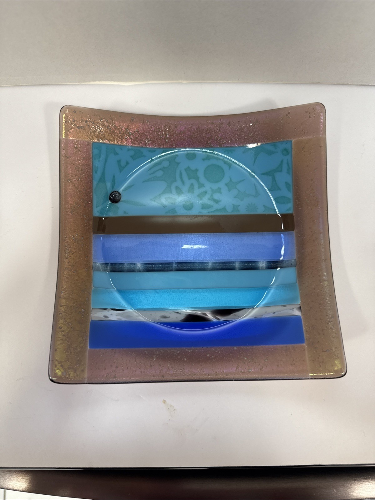 Fused Dichroic Studio Art Glass Square Trinket Dish Contemporary Signed 6.5”