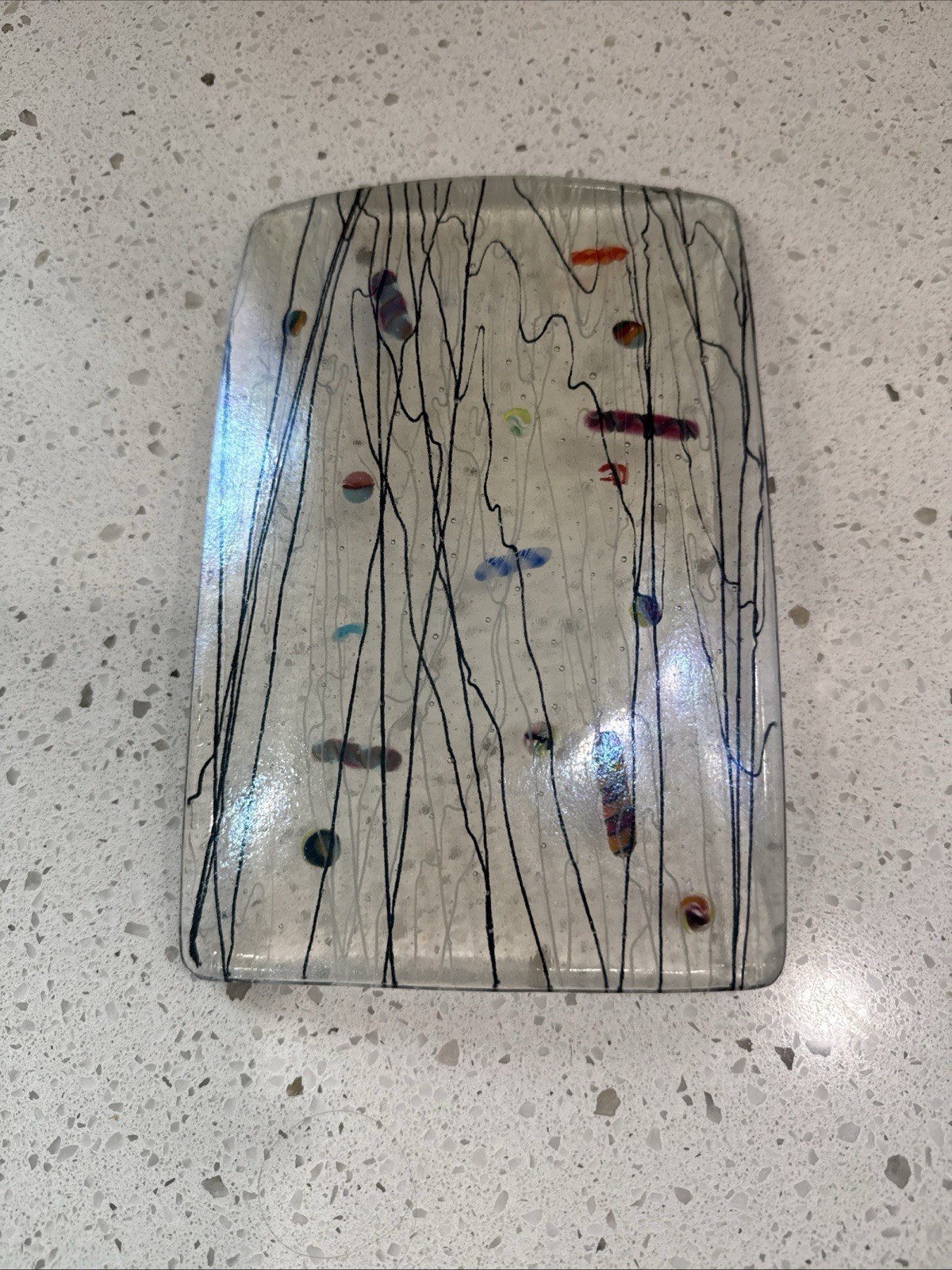 VTG Signed Kurt McVay Mod Iridescent Abstract Geometric Pattern Fused Art Glass