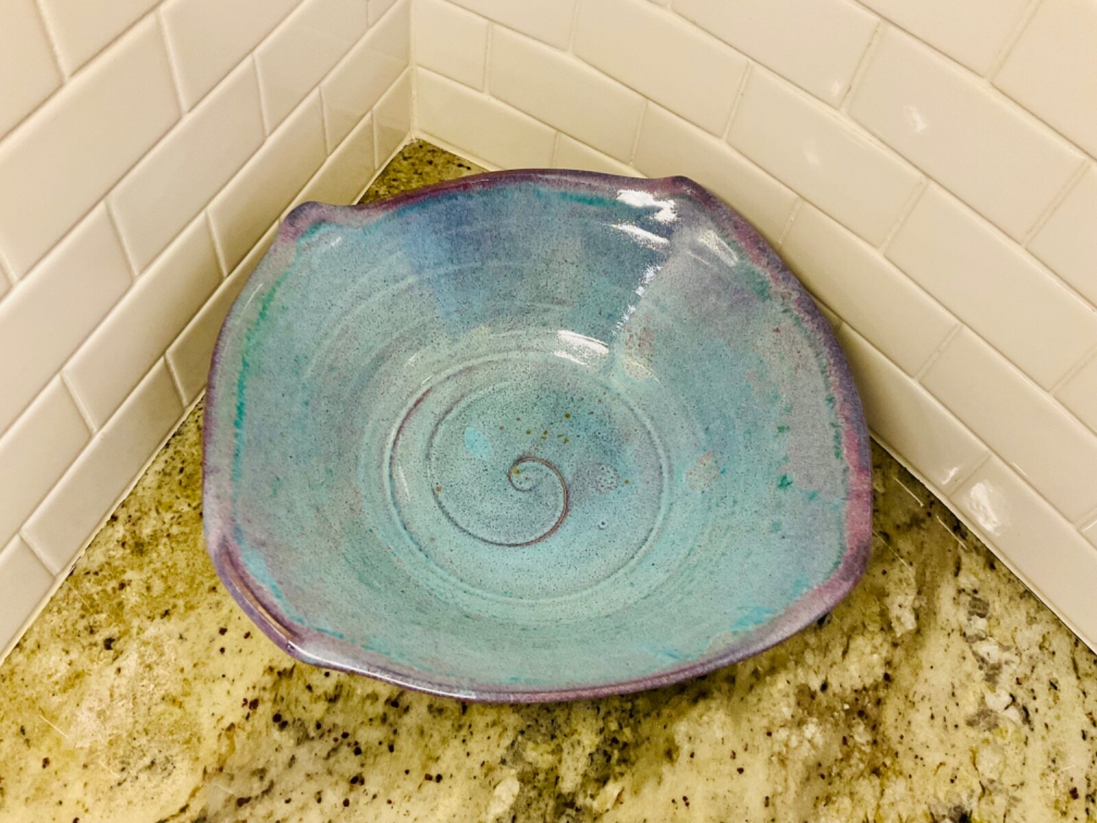 ARTIST SIGNED Pottery Blues Purples And Green Tones 11 Inches