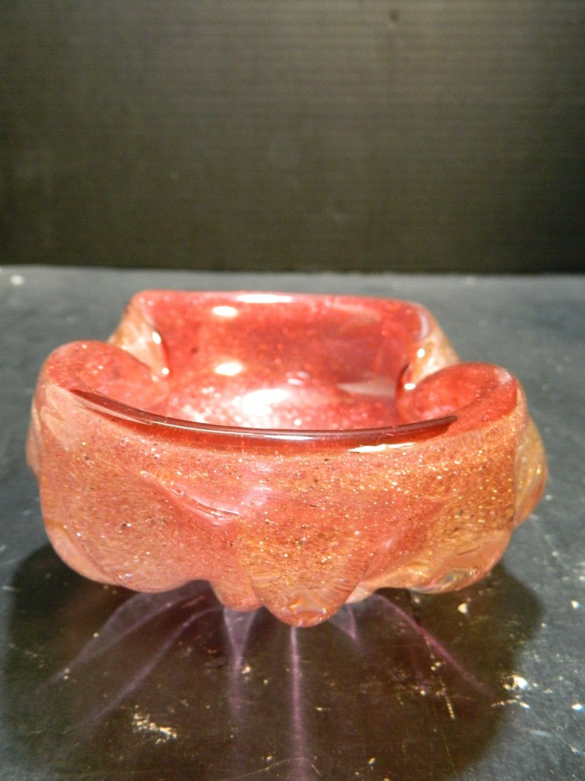 Murano Hand Blown Cranberry Art Glass Pinched Sides Bowl w/ Gold Dust 5.5″ Excel