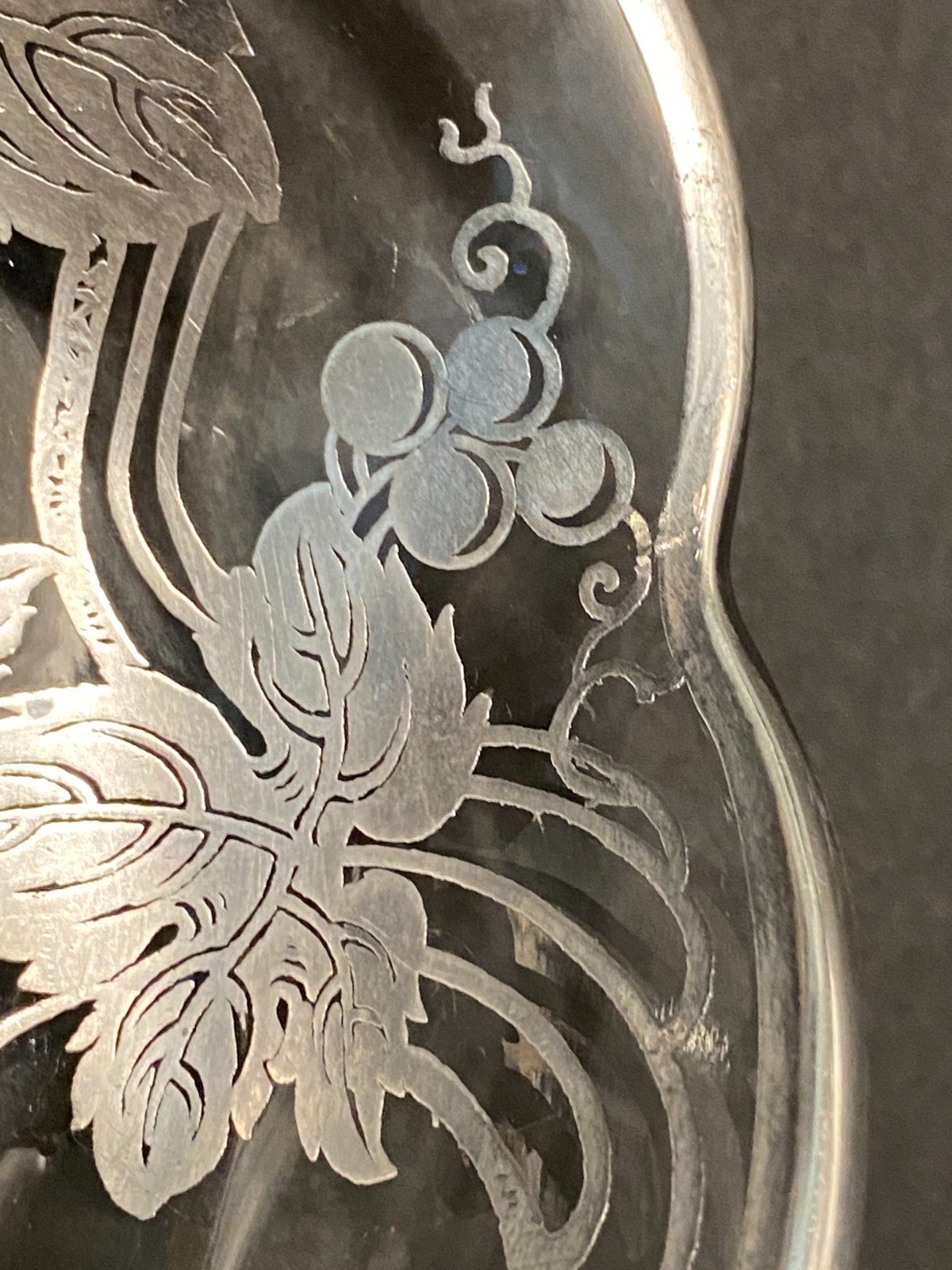 Vintage Silver Overlay Glass Candy Nut Dish Grape Vines Leaves Grapes