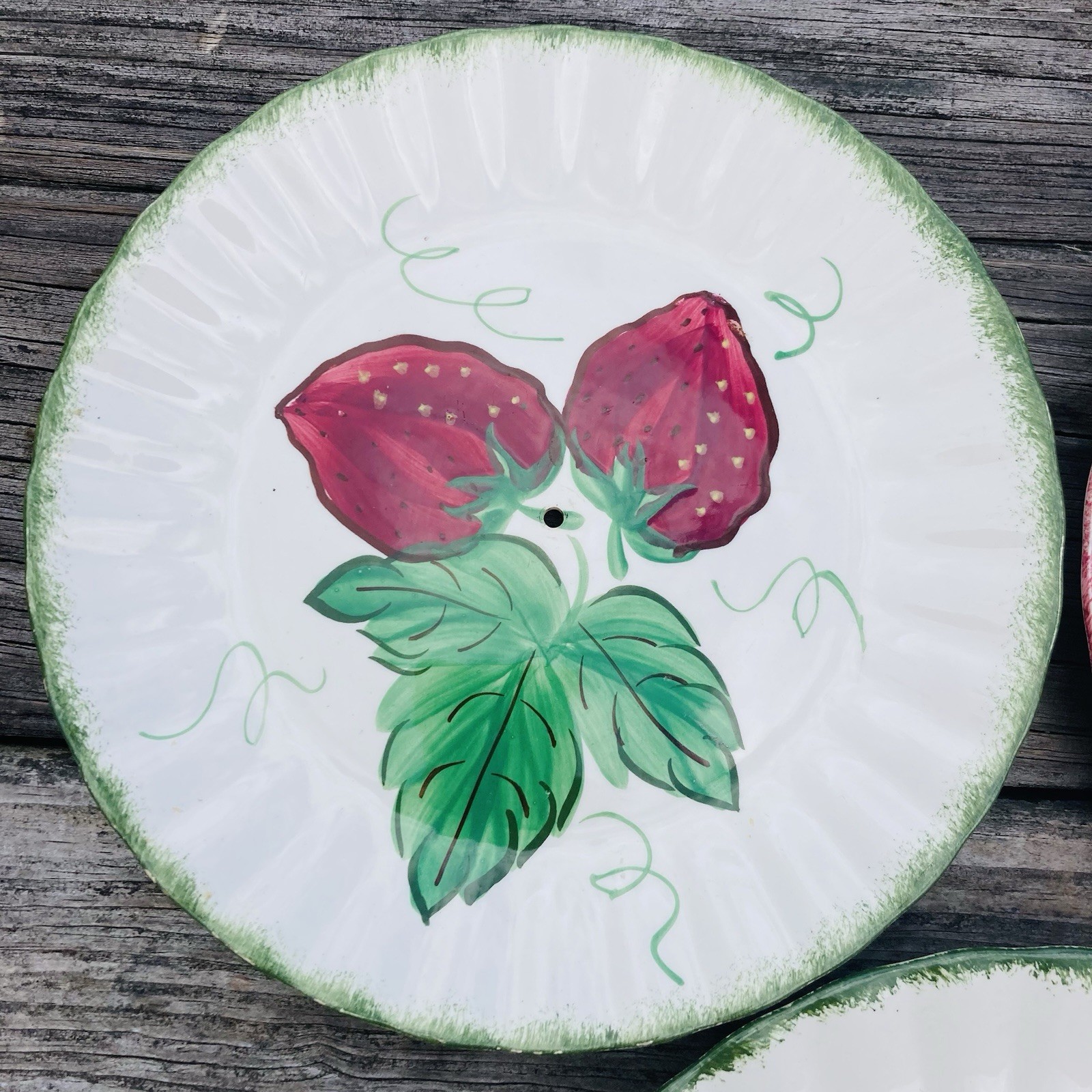 3 Blue Ridge Southern Potteries Wild Strawberry Colonial Green & Red Rim Plates