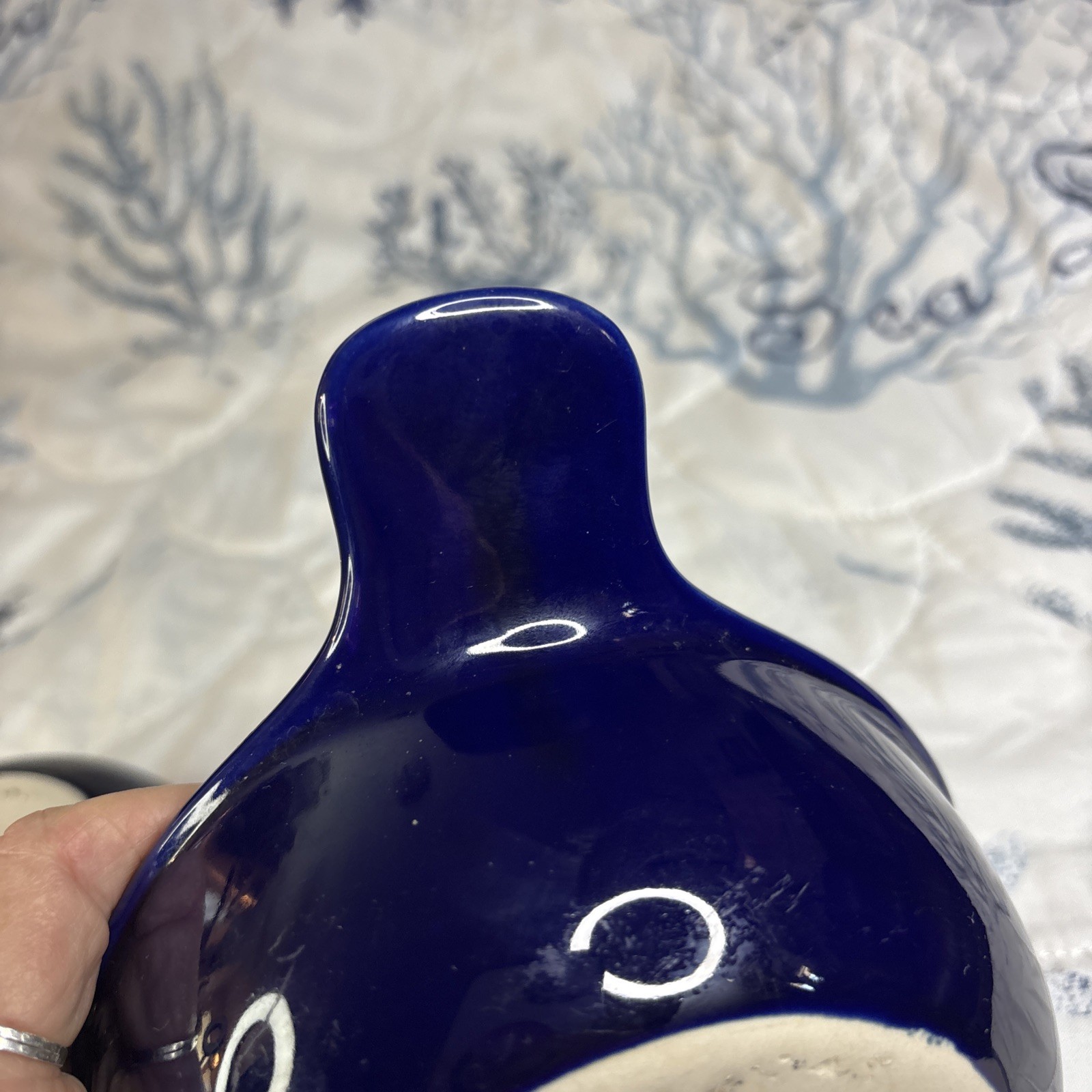 2 Navy Blue & White Interior Nesting Grab Stoneware Matching Bowls-Very Durable